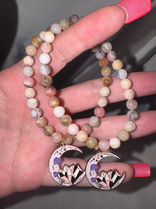 Pink Opal 6mm Bracelet with Crystal Moon Charm