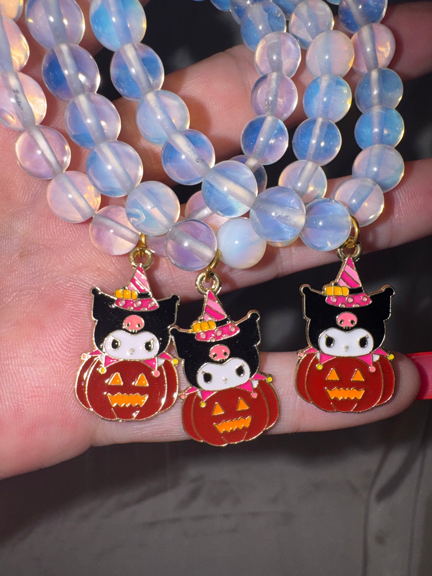 Opalite 8mm Bracelet with Kuromi Pumpkin Charm