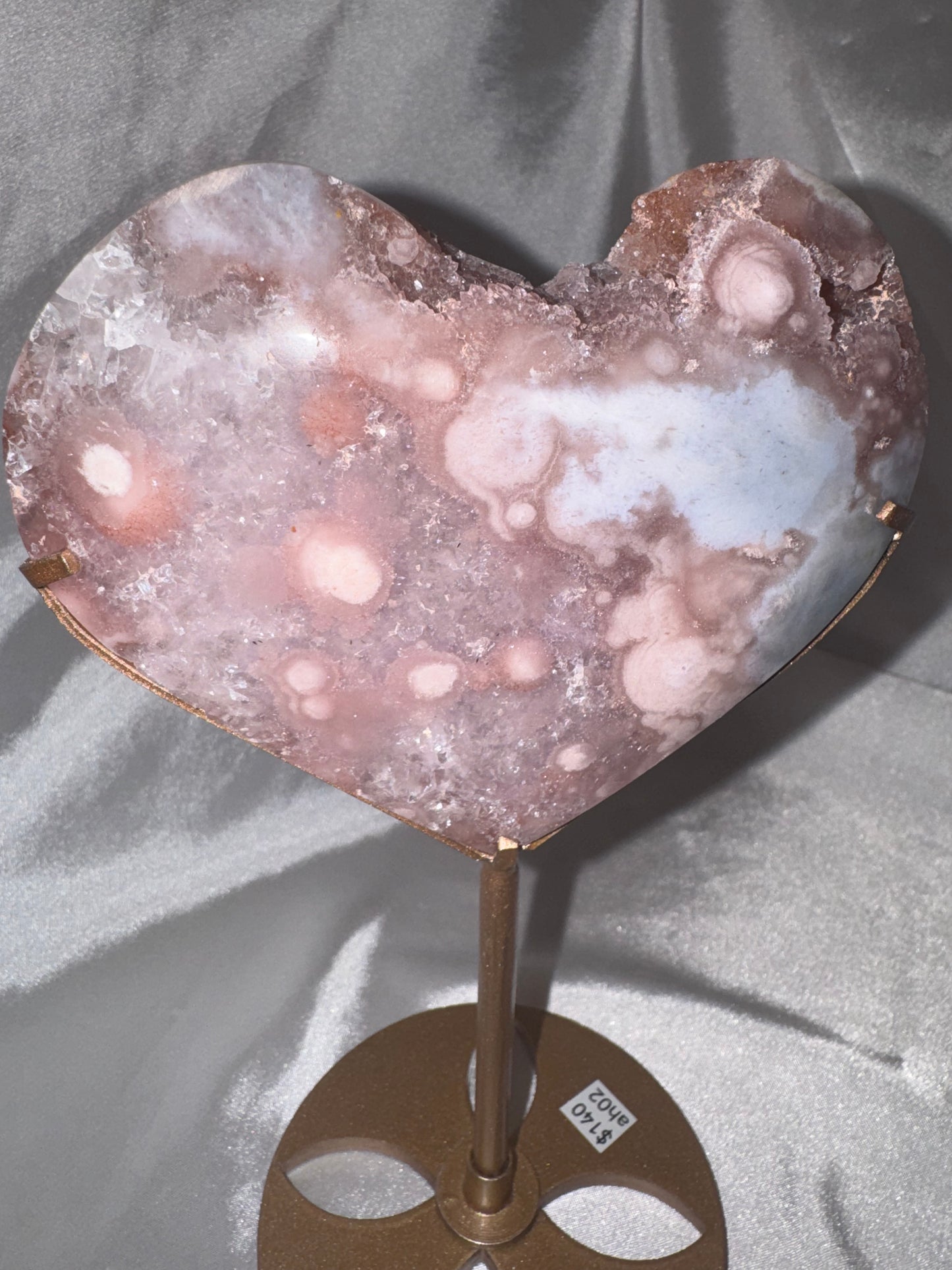 Amethyst Flower Agate AAA XL Heart on stand