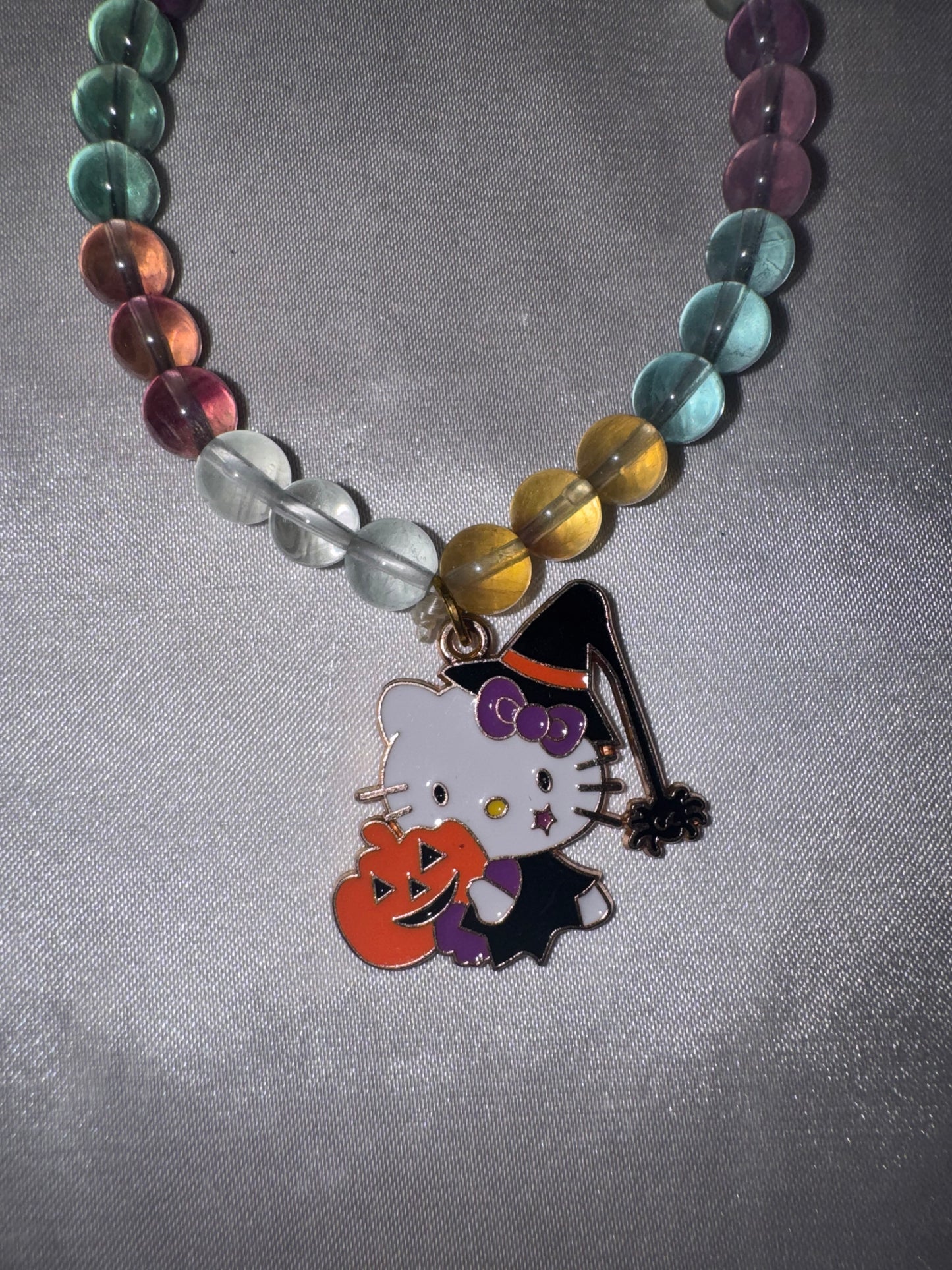 Fluorite Multicolored AAA 6mm Bracelet with Hello Kitty Halloween Charm