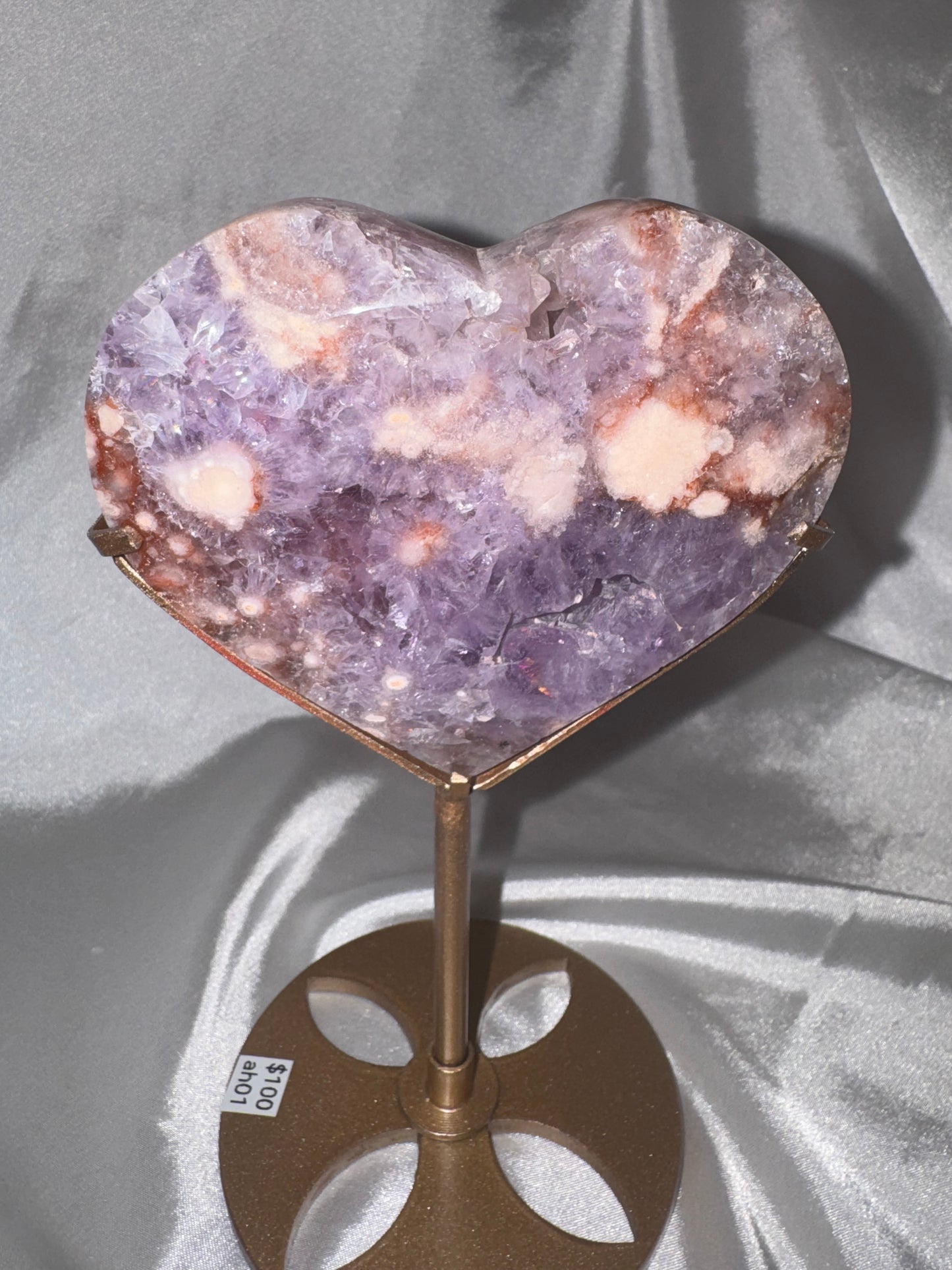 Amethyst Flower Agate AAA XL Heart on stand