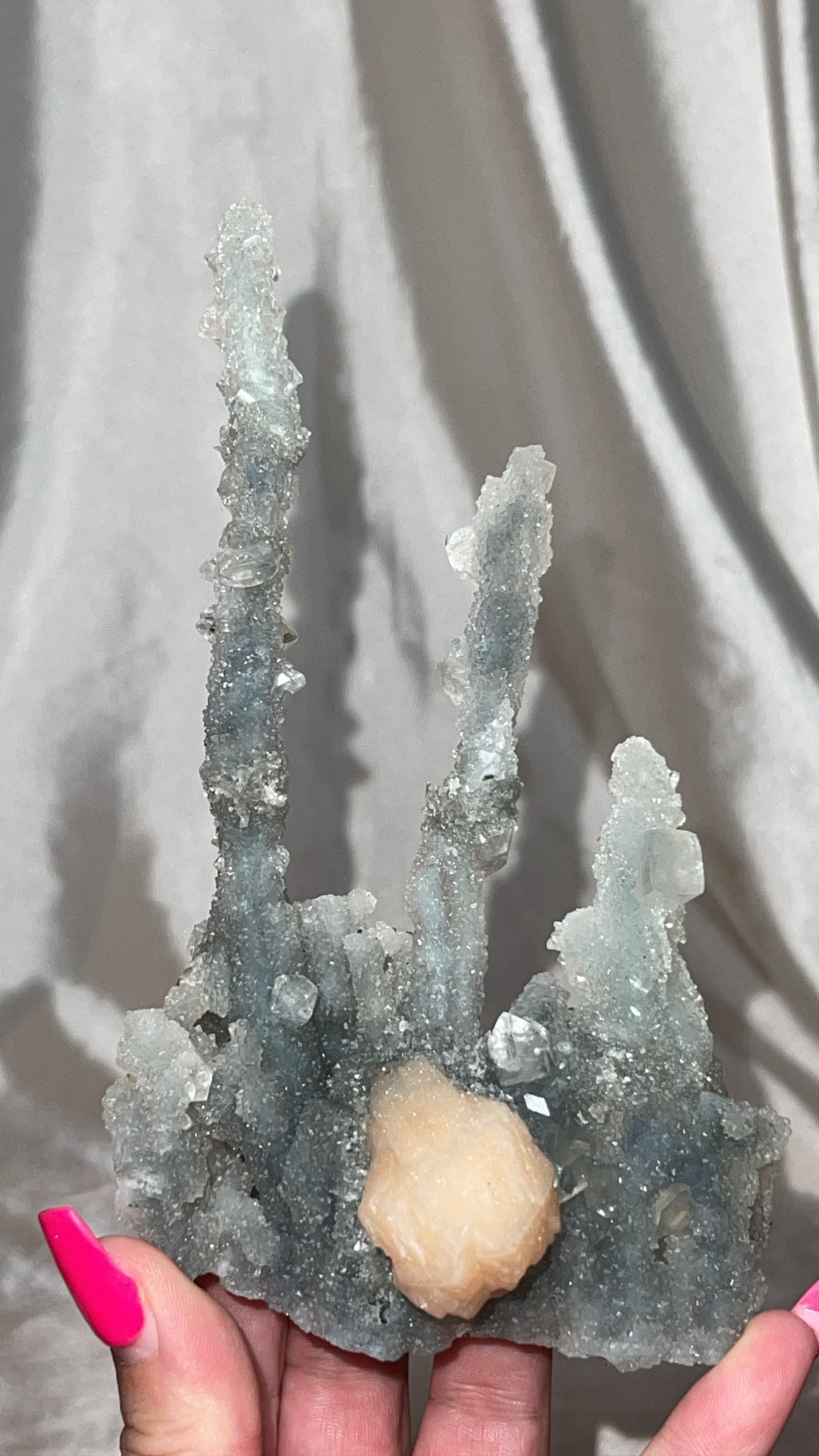 RARE Blueish Black Druzy Chalcedony Large Stalachtite cluster with Stilbite Flower and Apophyllite crystals