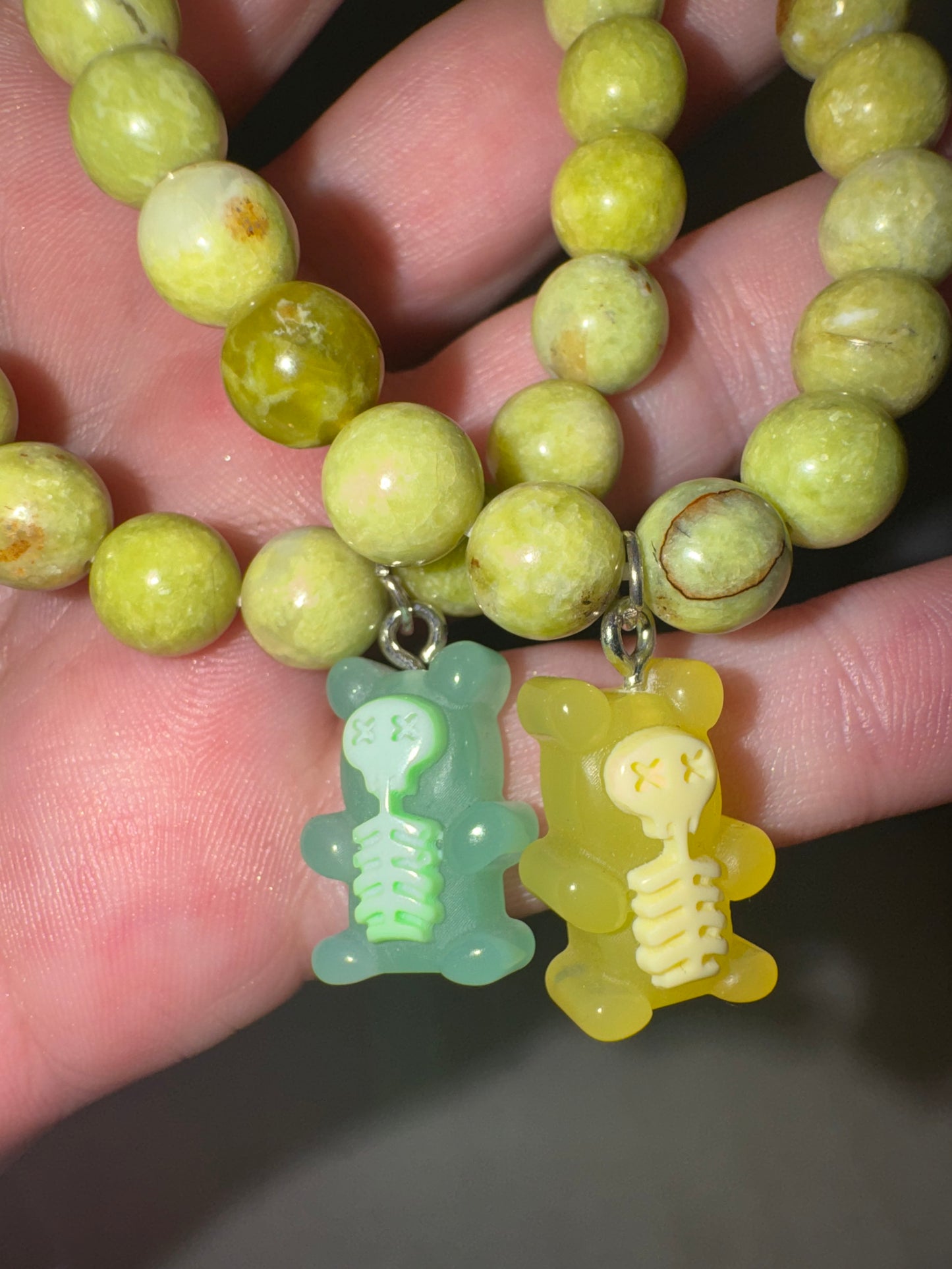 Green Opal 8mm Bracelet with Glow-In-Dark Skeleton Gummy Bear Charm