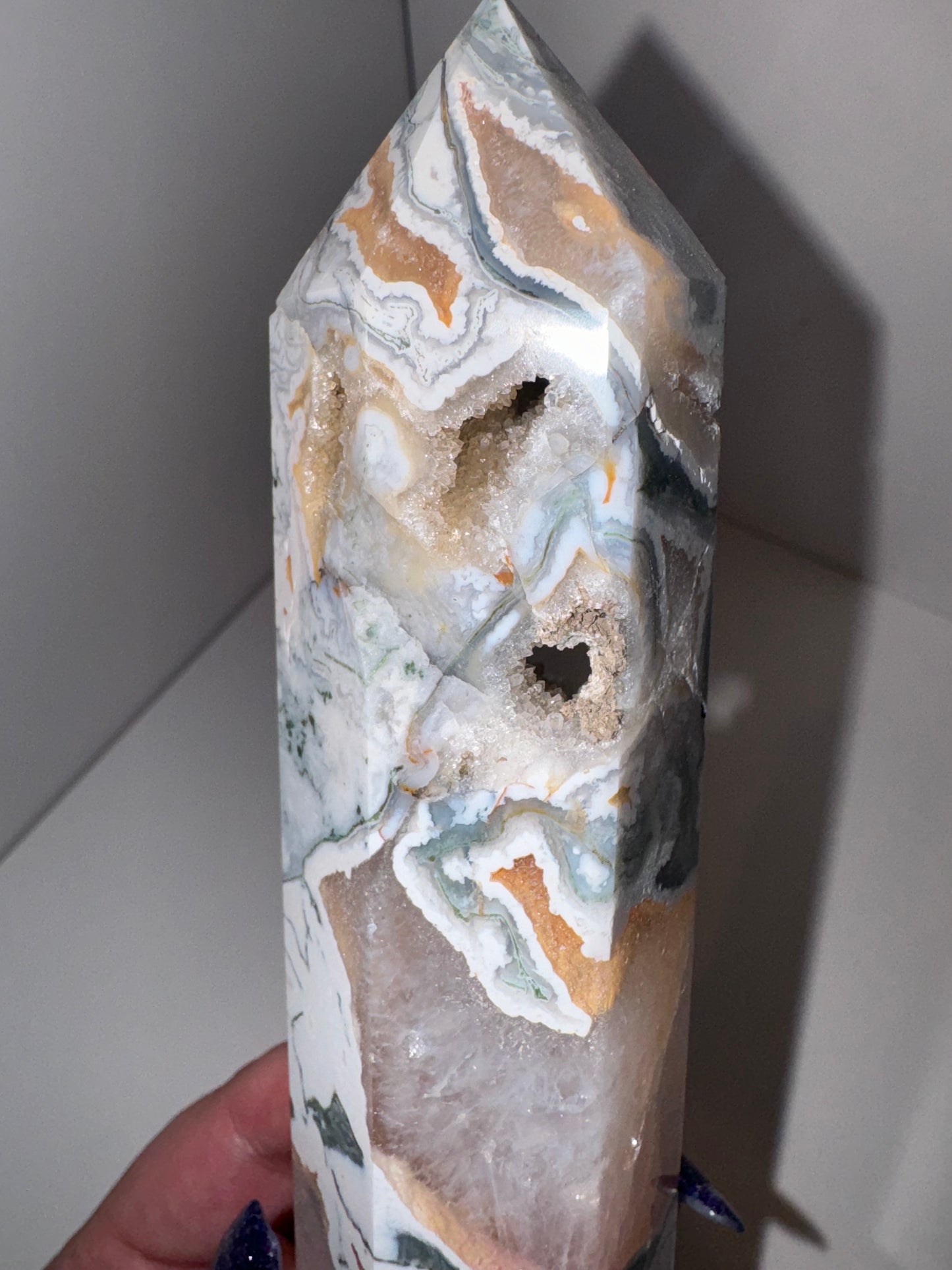 Pink Moss Agate Druzy Large Tower