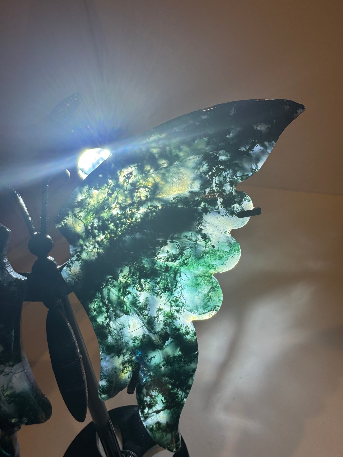 Moss Agate Large Butterfly on Stand