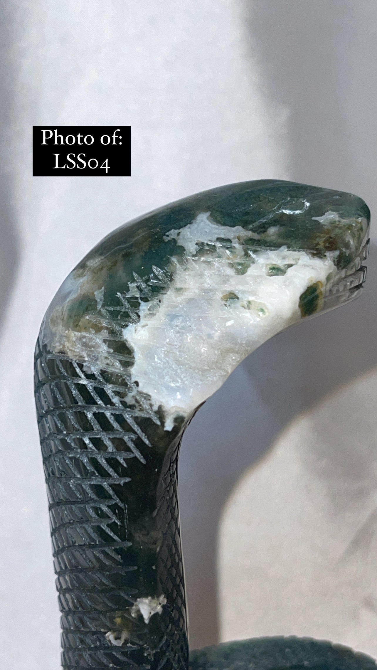Moss Agate Large Snake Sphere Holder Carving