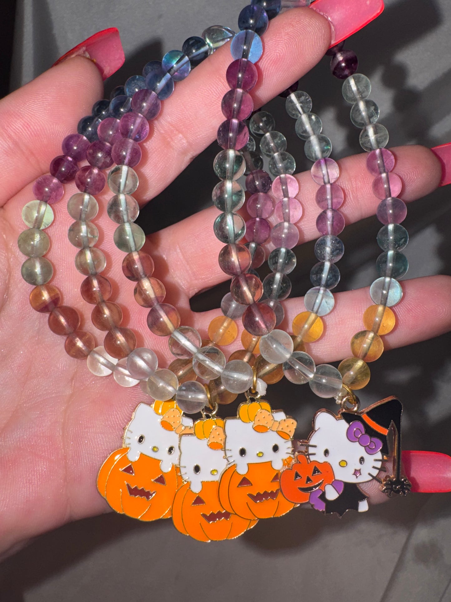 Fluorite Multicolored AAA 6mm Bracelet with Hello Kitty Halloween Charm