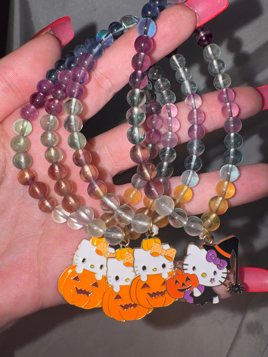 Fluorite Multicolored AAA 6mm Bracelet with Hello Kitty Halloween Charm