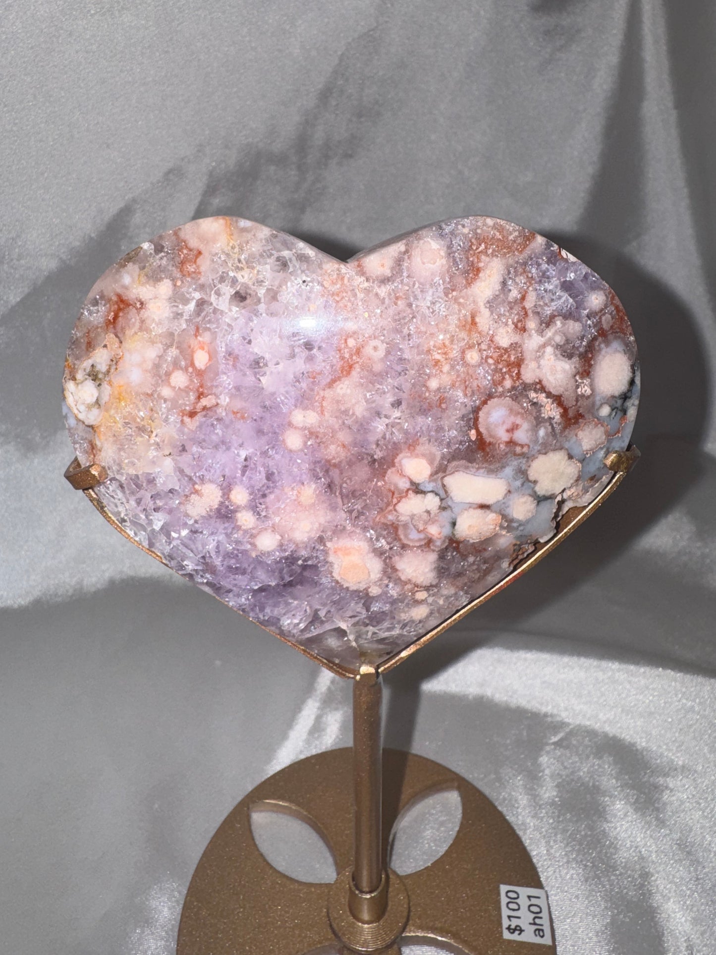 Amethyst Flower Agate AAA XL Heart on stand