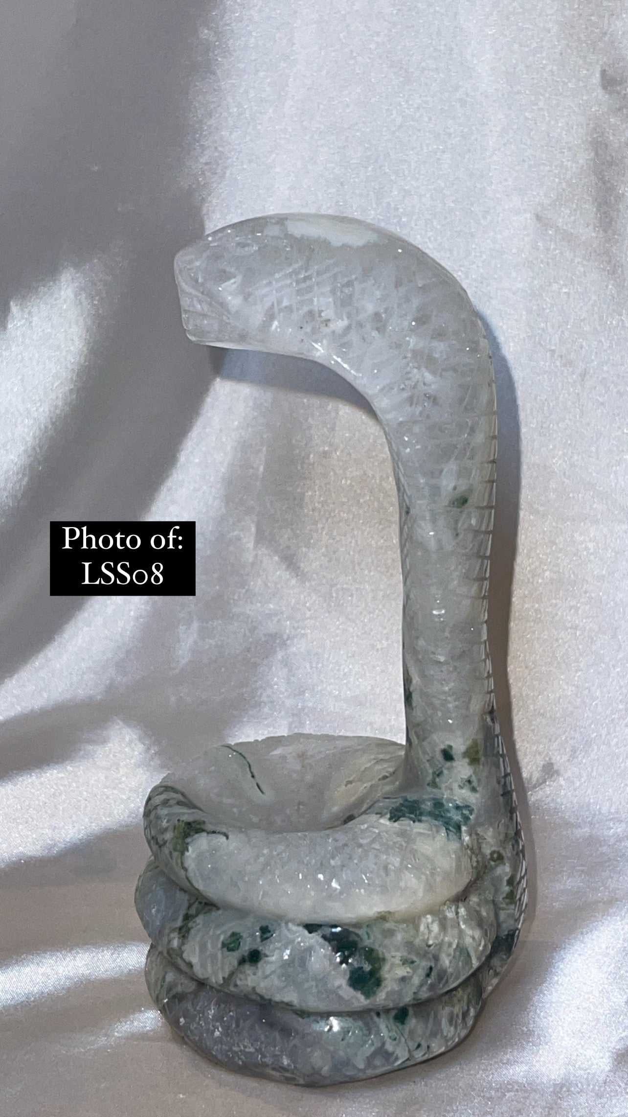 Moss Agate Large Snake Sphere Holder Carving