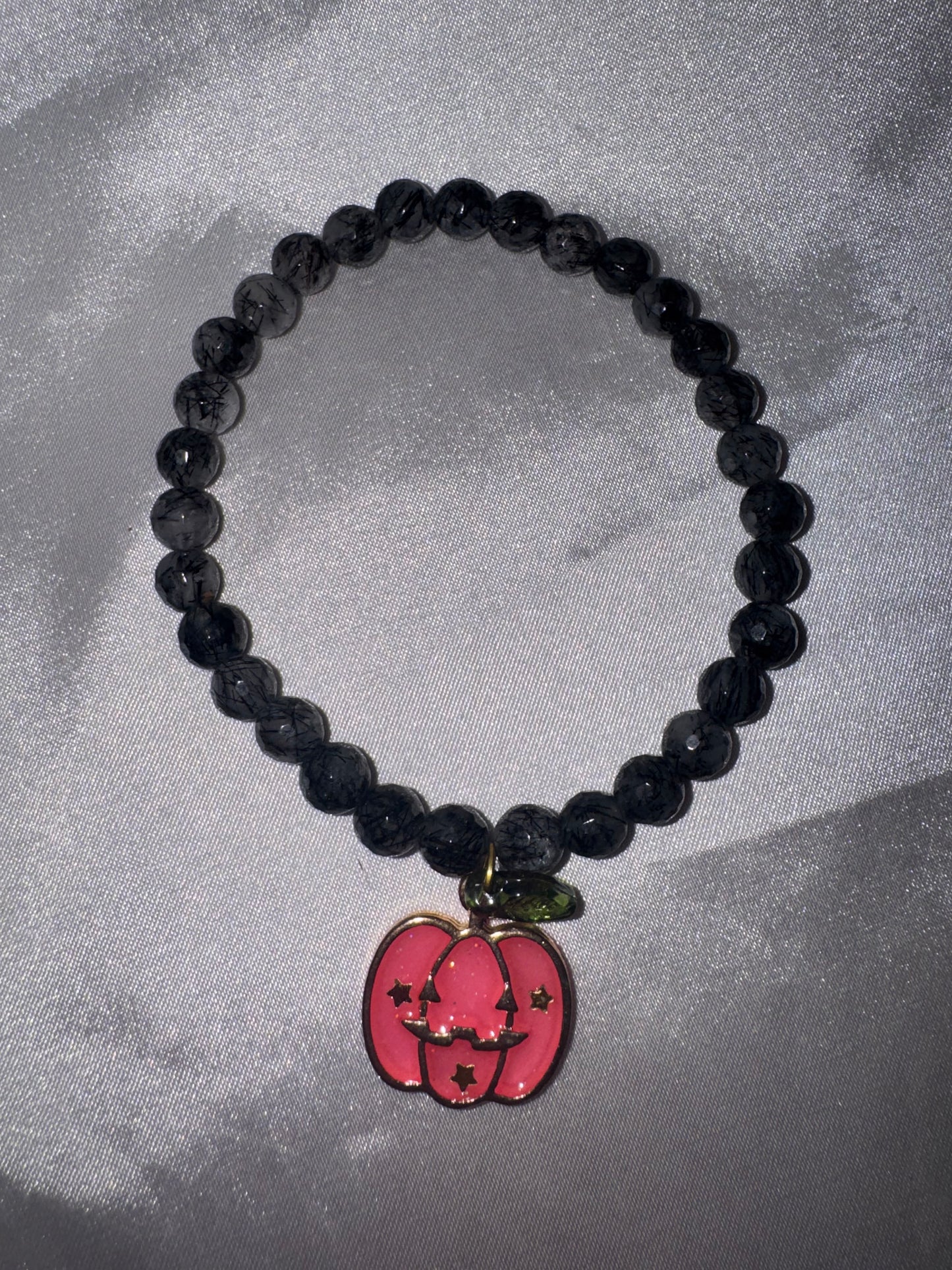 Black Rutilated Quartz 6mm Faceted Bracelet with Pumpkin Charm (last one!)