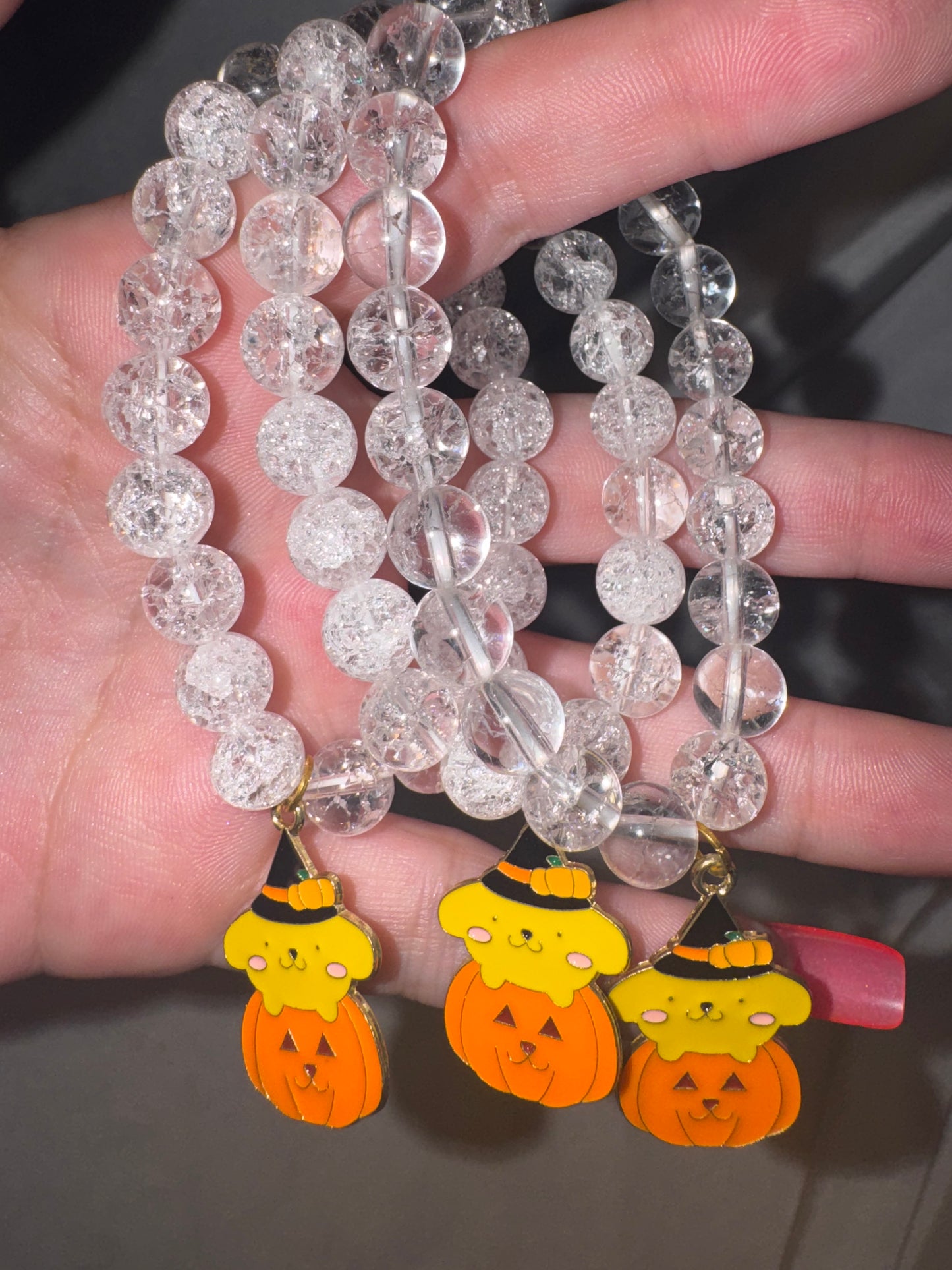 Fire & Ice Quartz 8mm Bracelet with Pompompurin Pumpkin Charm