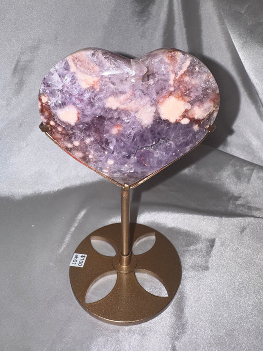 Amethyst Flower Agate AAA XL Heart on stand