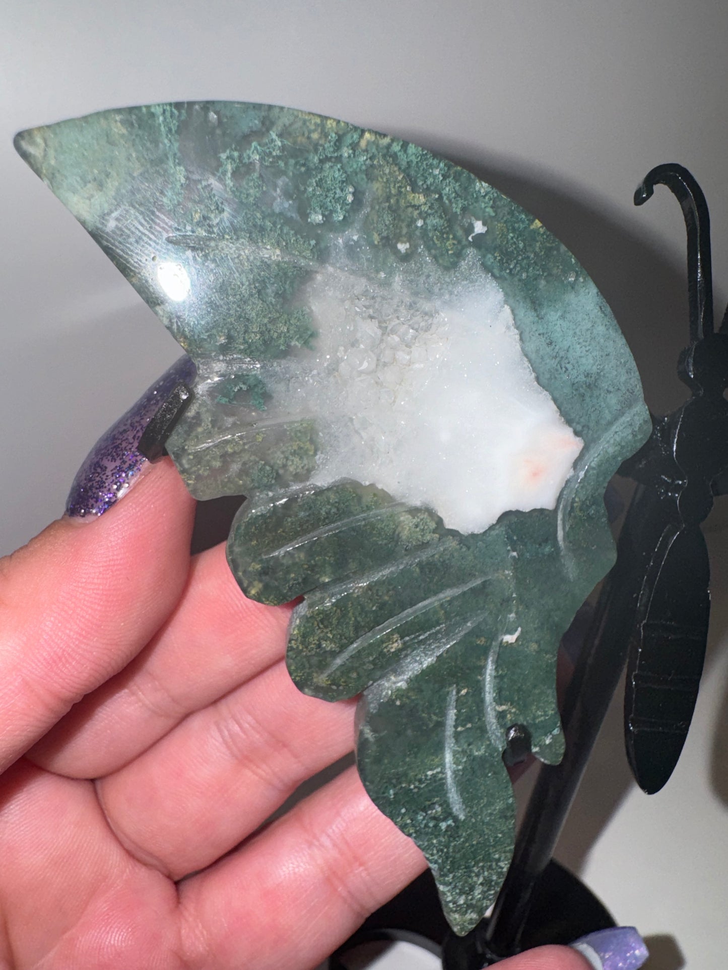 Moss Agate Large Butterfly on Stand