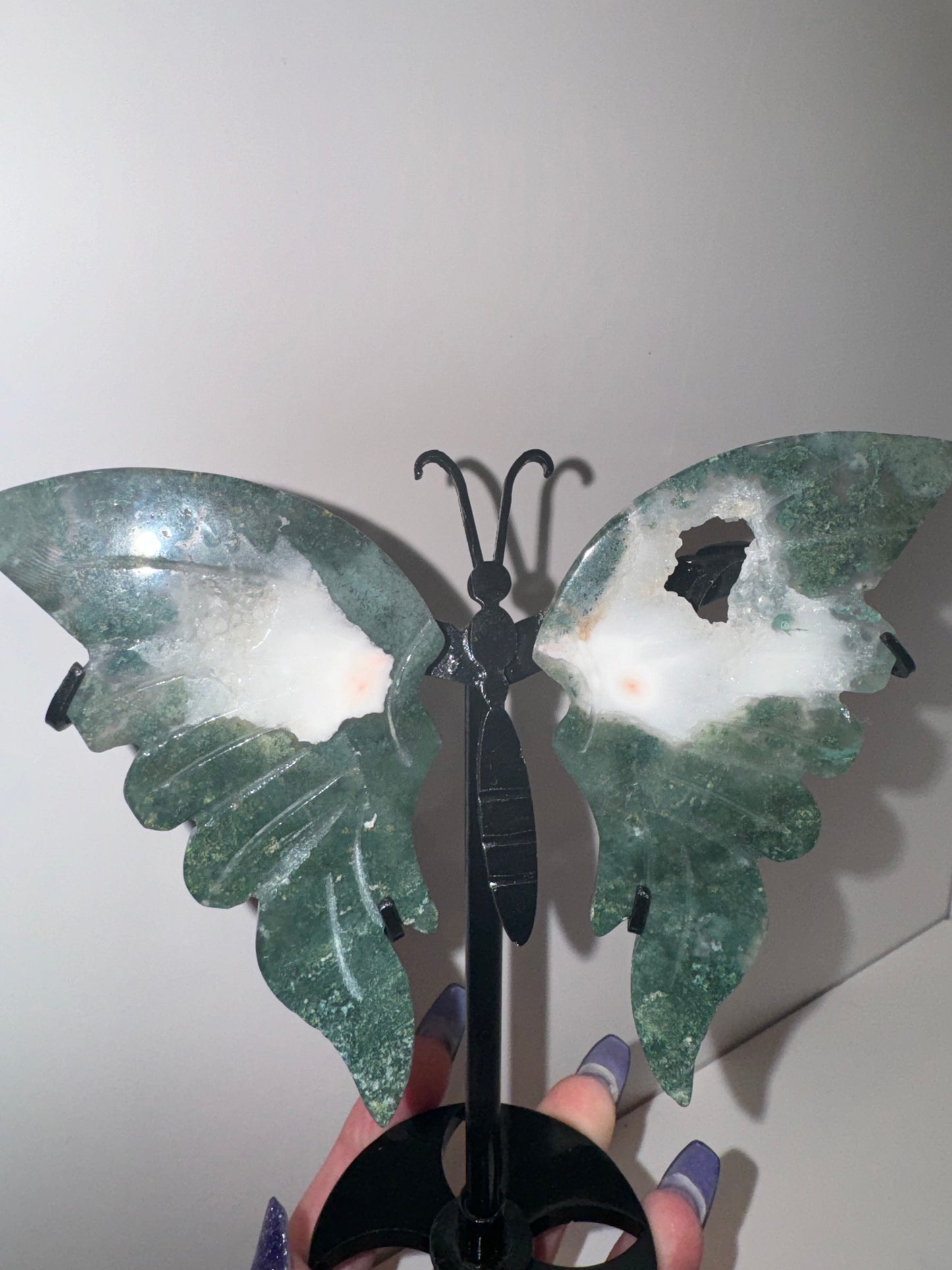 Moss Agate Large Butterfly on Stand