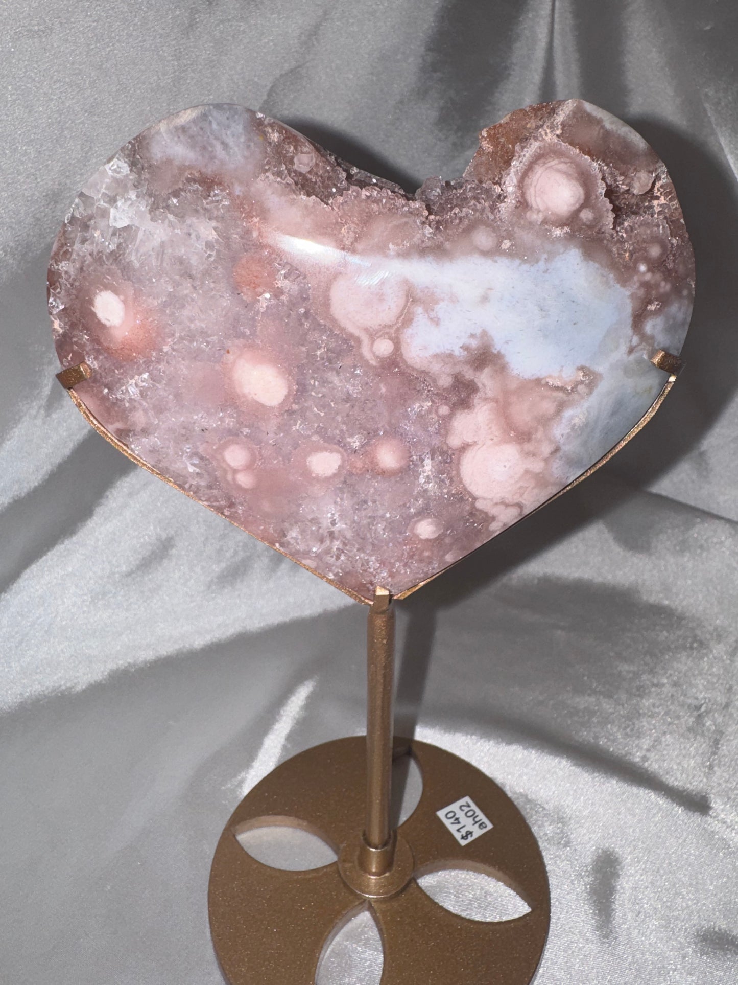 Amethyst Flower Agate AAA XL Heart on stand