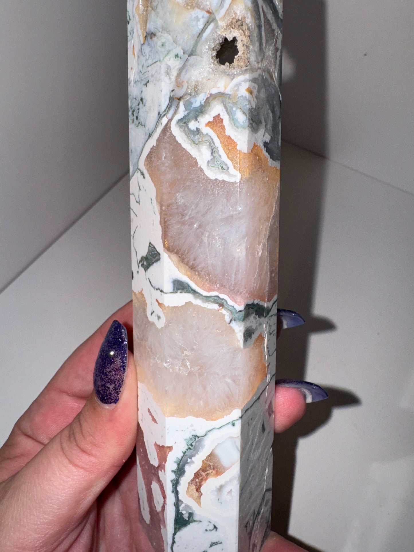 Pink Moss Agate Druzy Large Tower