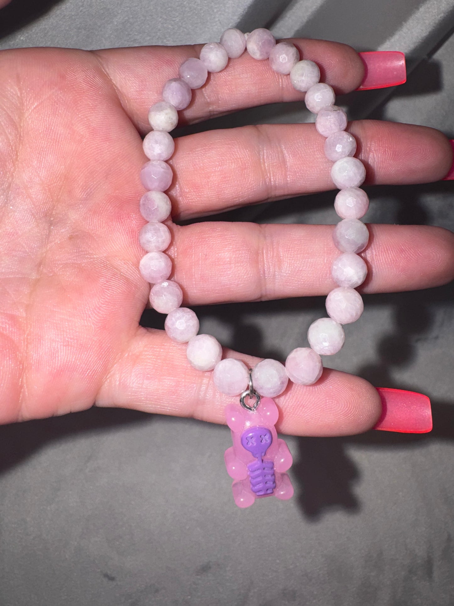 Kunzite 6mm Faceted Bracelet with Glow-In-Dark Skeleton Gummy Bear Charm (last one!)