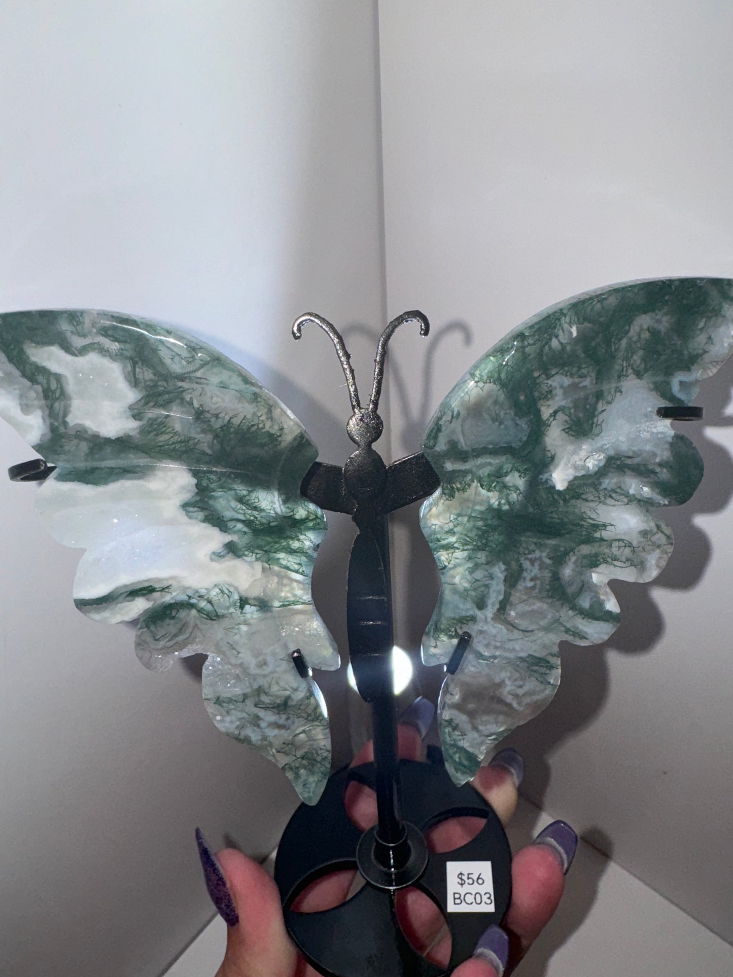 Moss Agate Large Butterfly on Stand