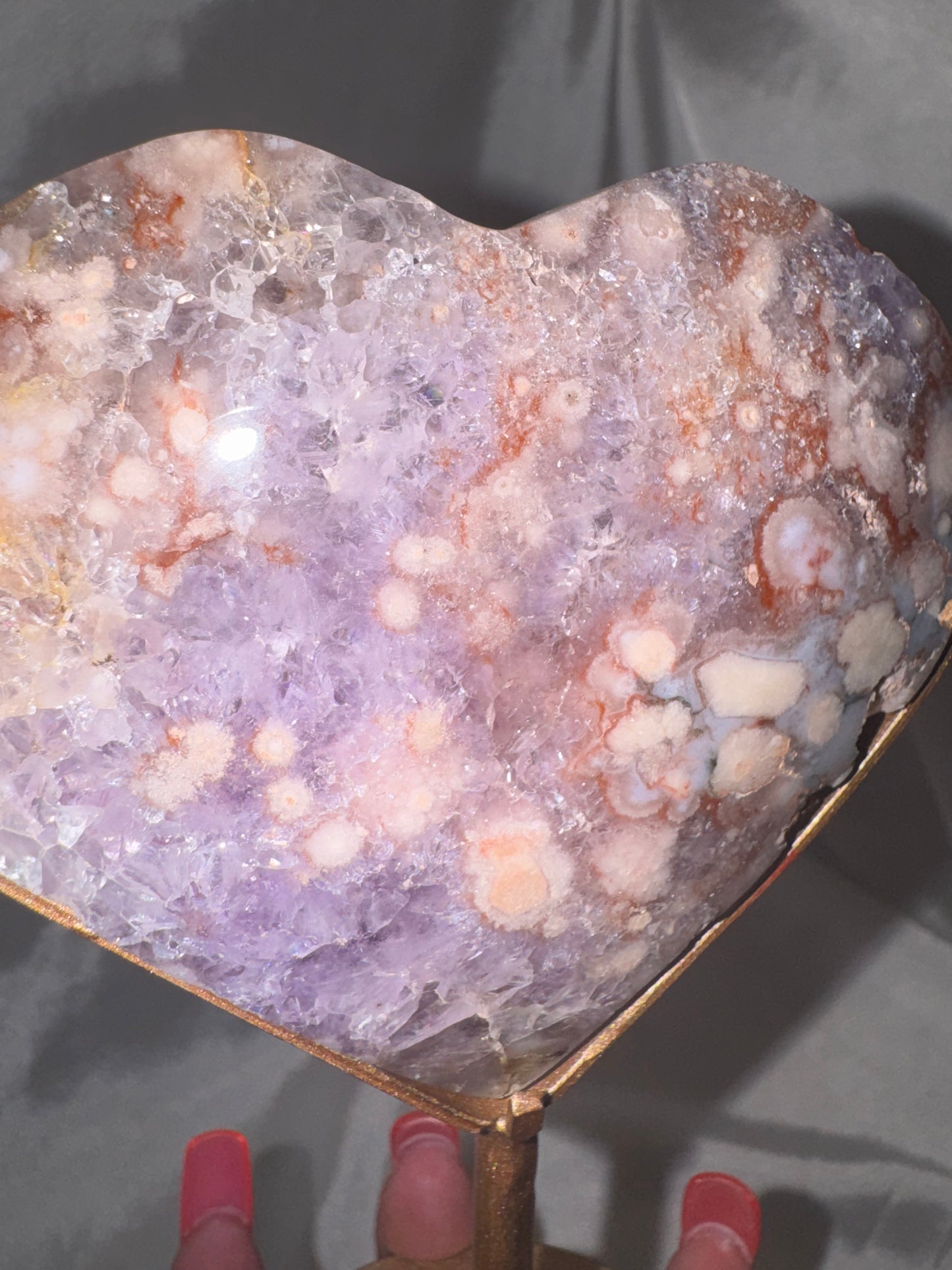 Amethyst Flower Agate AAA XL Heart on stand