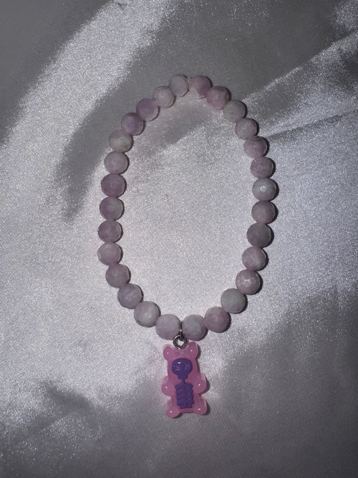 Kunzite 6mm Faceted Bracelet with Glow-In-Dark Skeleton Gummy Bear Charm (last one!)