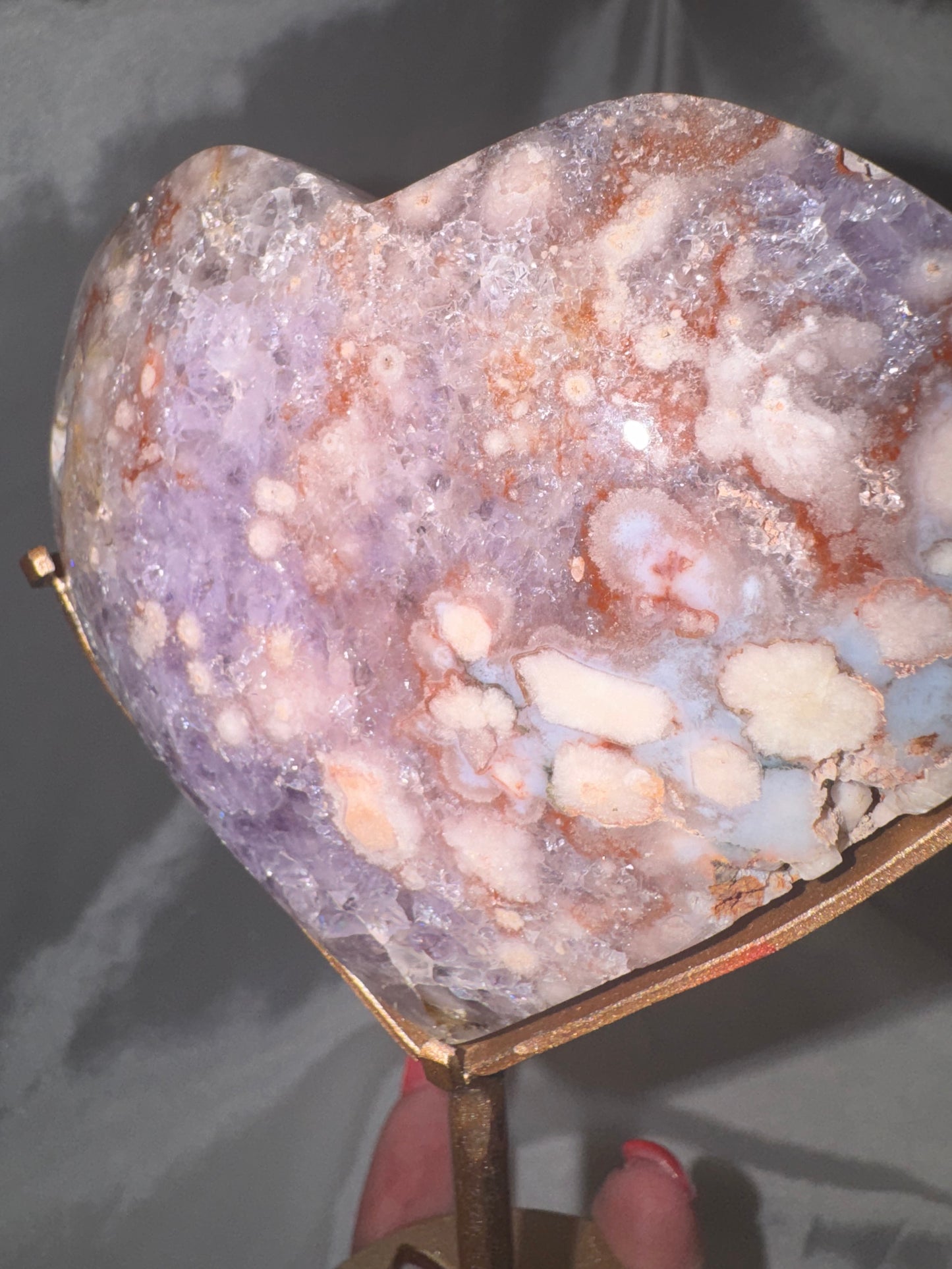 Amethyst Flower Agate AAA XL Heart on stand