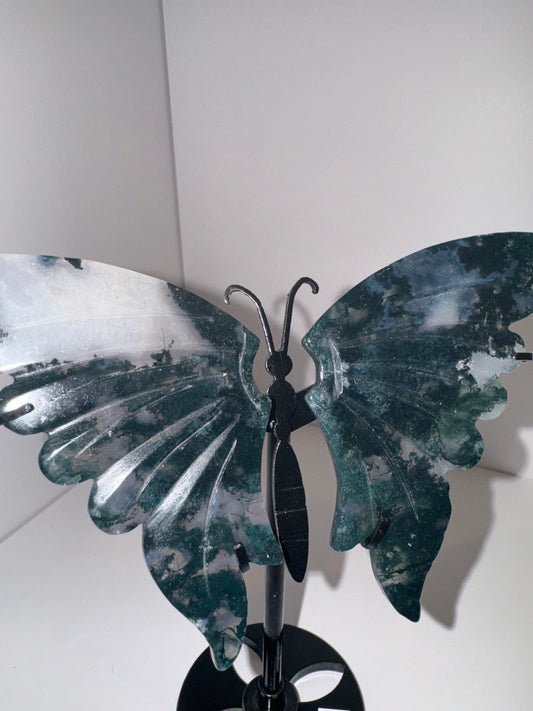 Moss Agate Large Butterfly on Stand