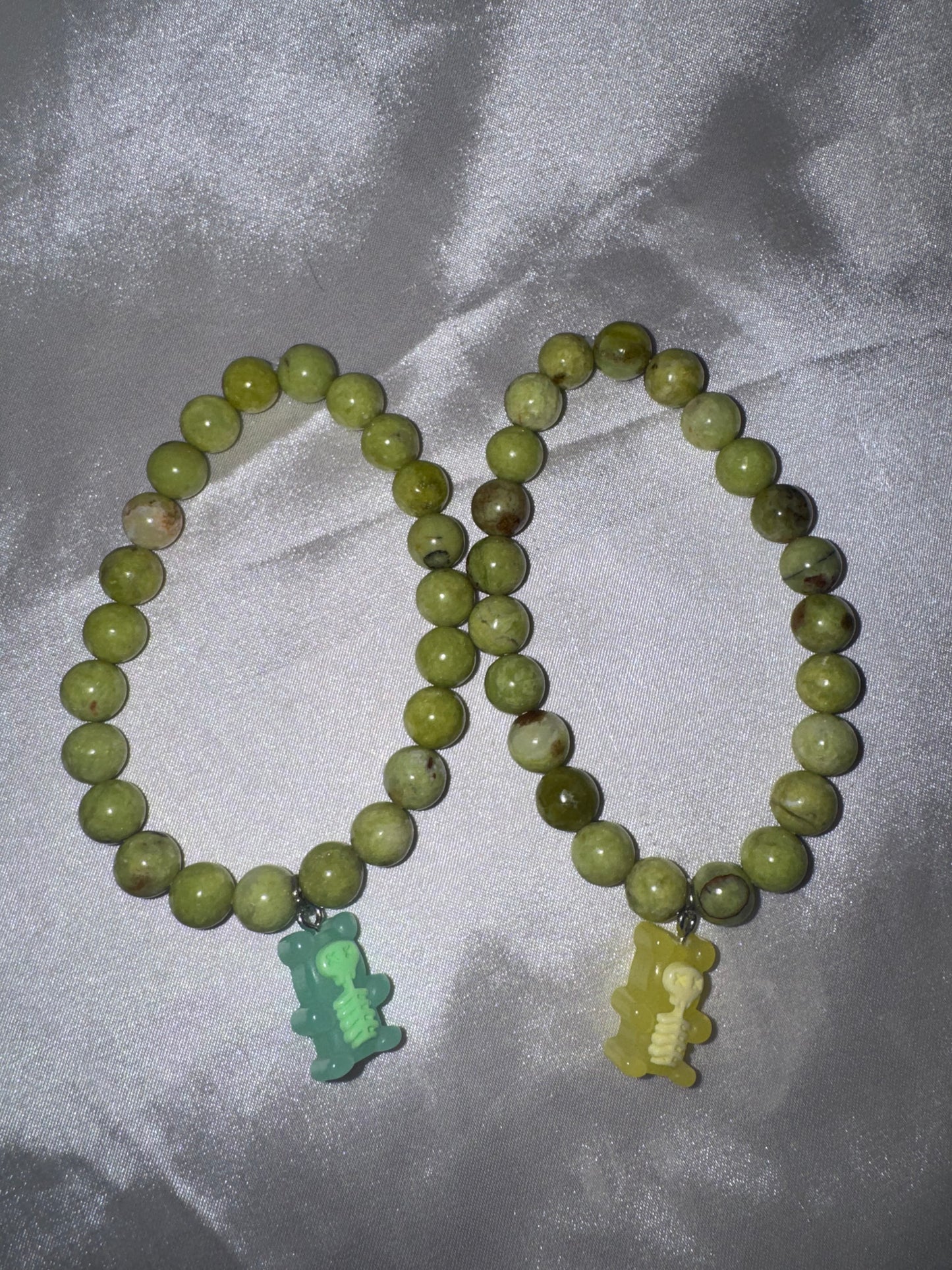 Green Opal 8mm Bracelet with Glow-In-Dark Skeleton Gummy Bear Charm