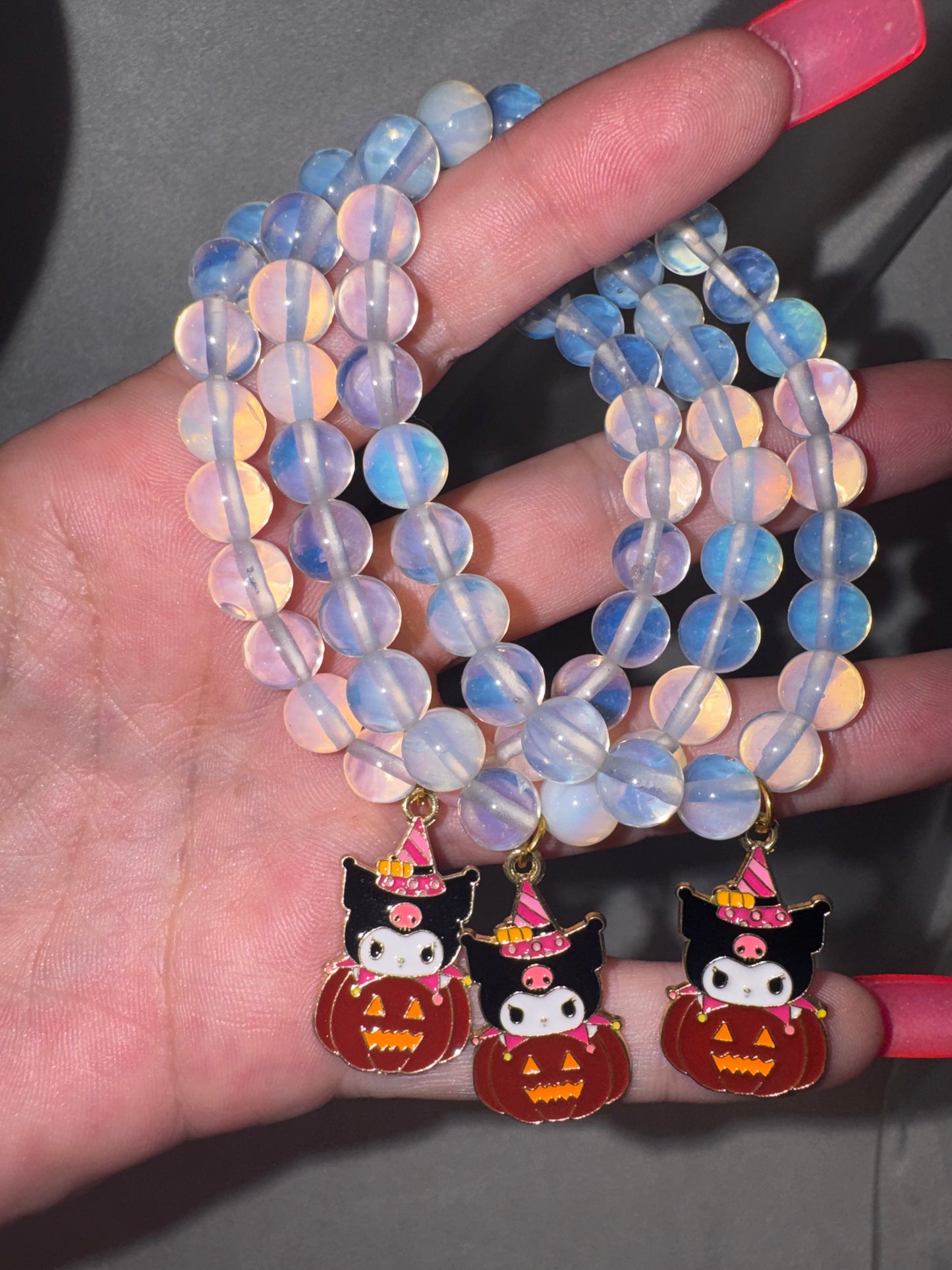 Opalite 8mm Bracelet with Kuromi Pumpkin Charm