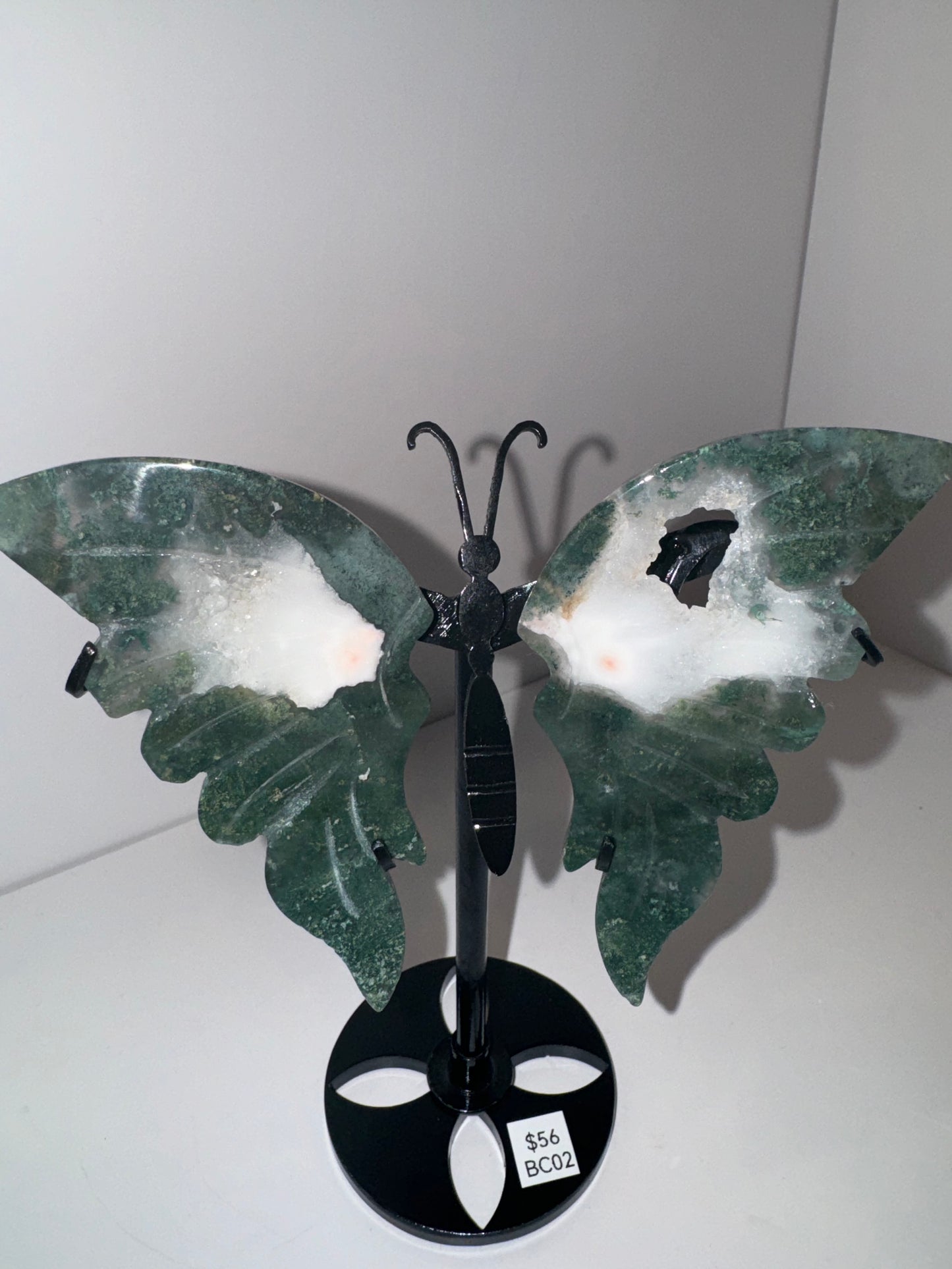 Moss Agate Large Butterfly on Stand