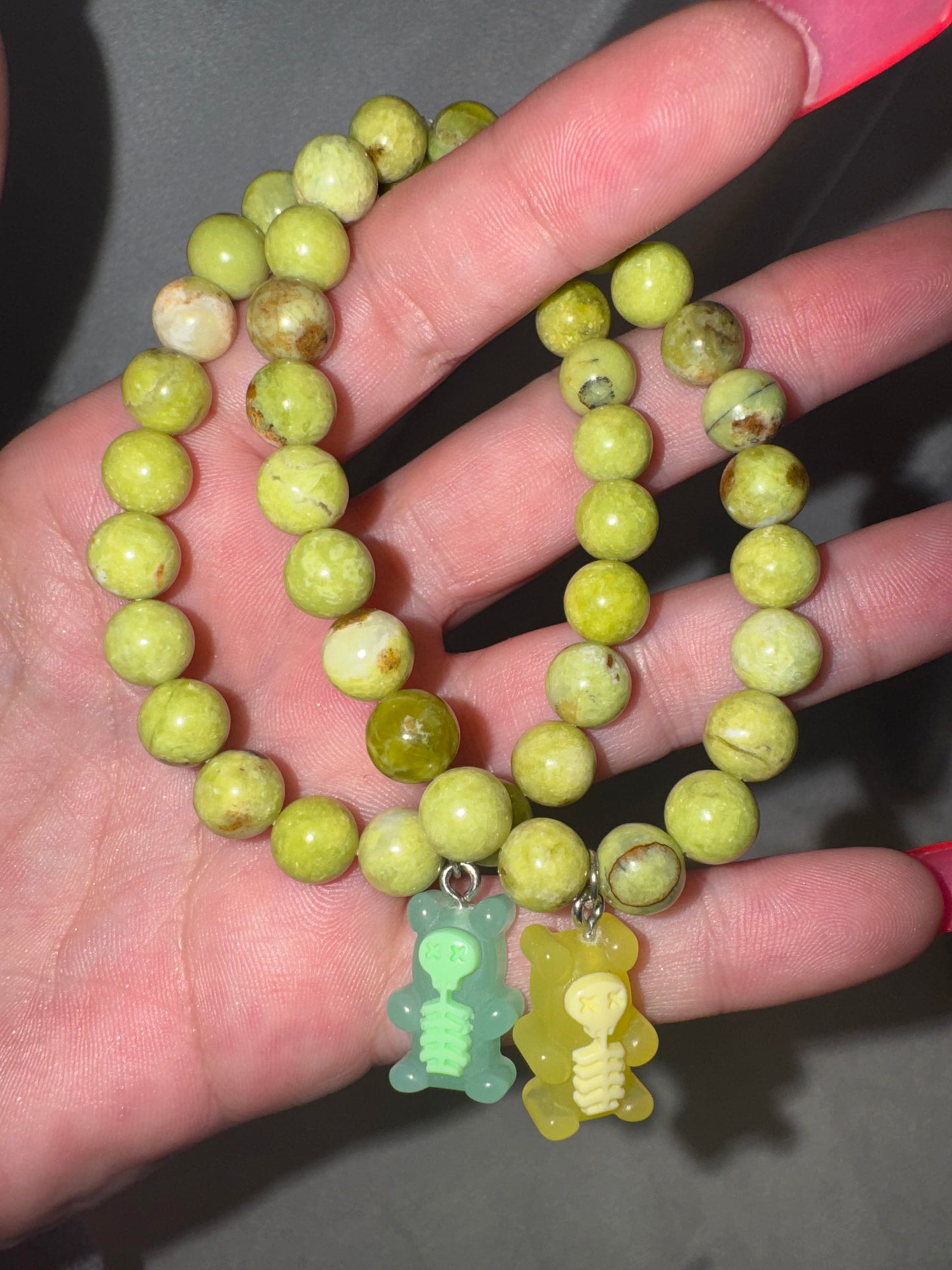 Green Opal 8mm Bracelet with Glow-In-Dark Skeleton Gummy Bear Charm
