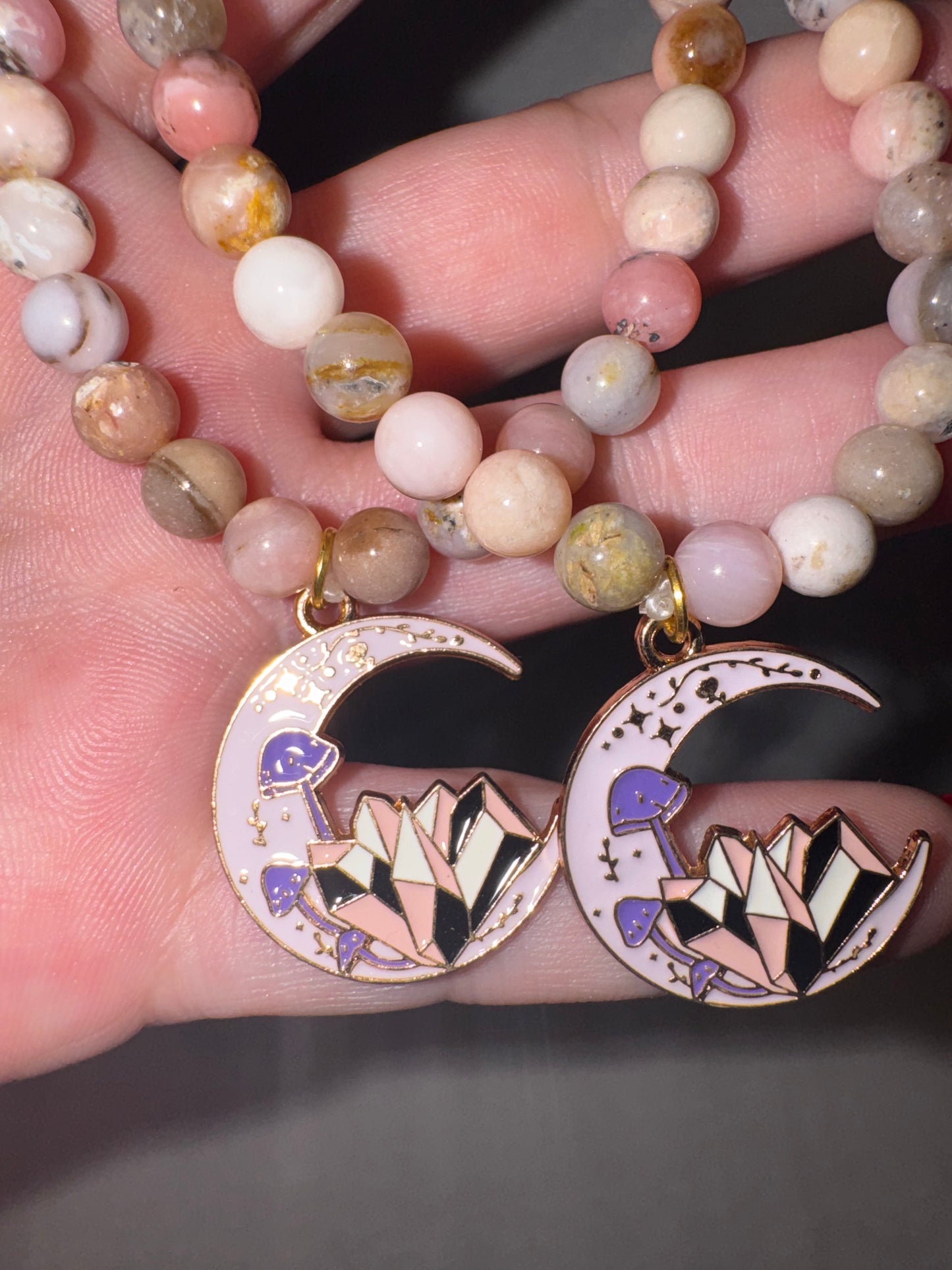 Pink Opal 6mm Bracelet with Crystal Moon Charm