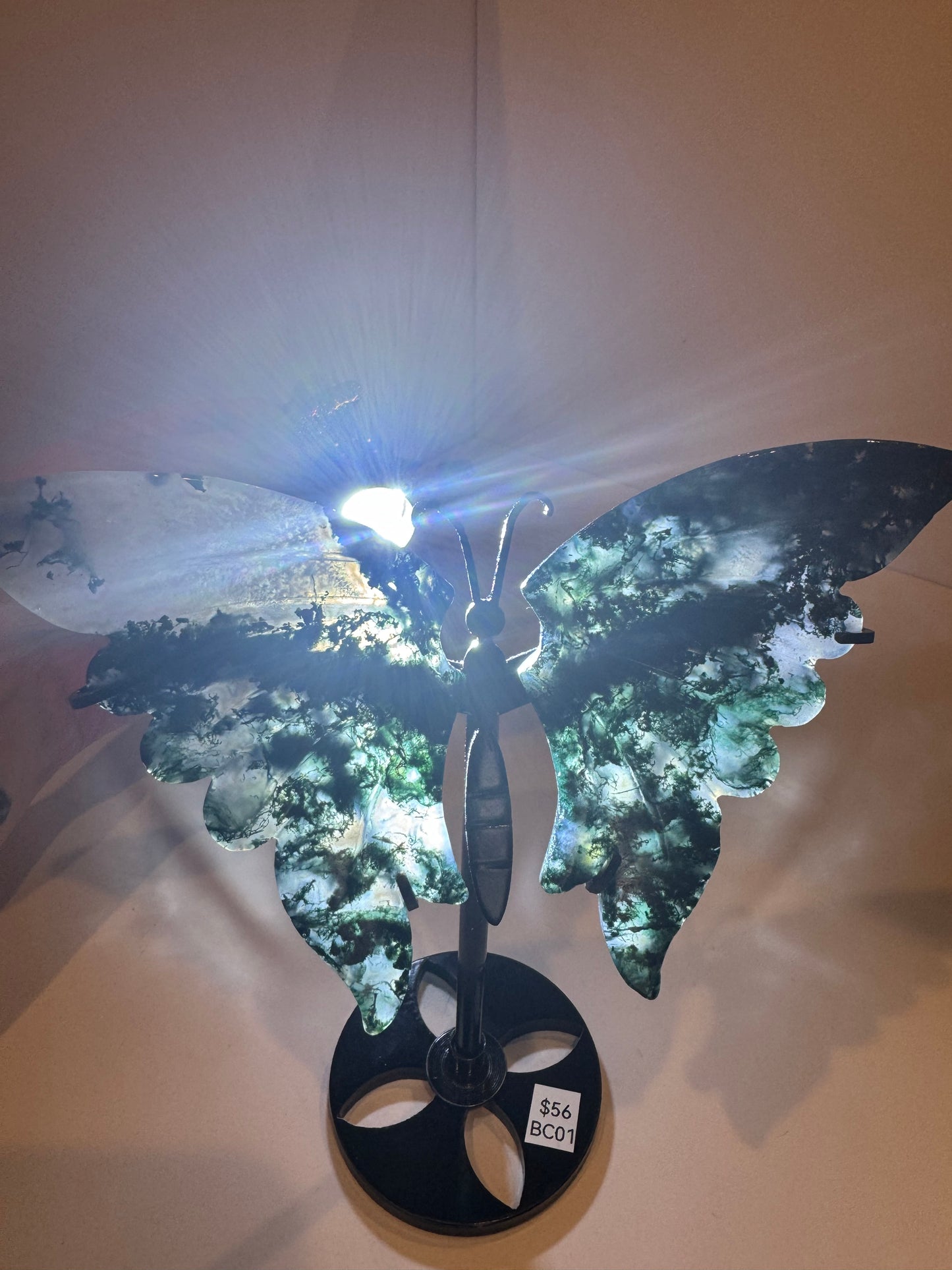 Moss Agate Large Butterfly on Stand