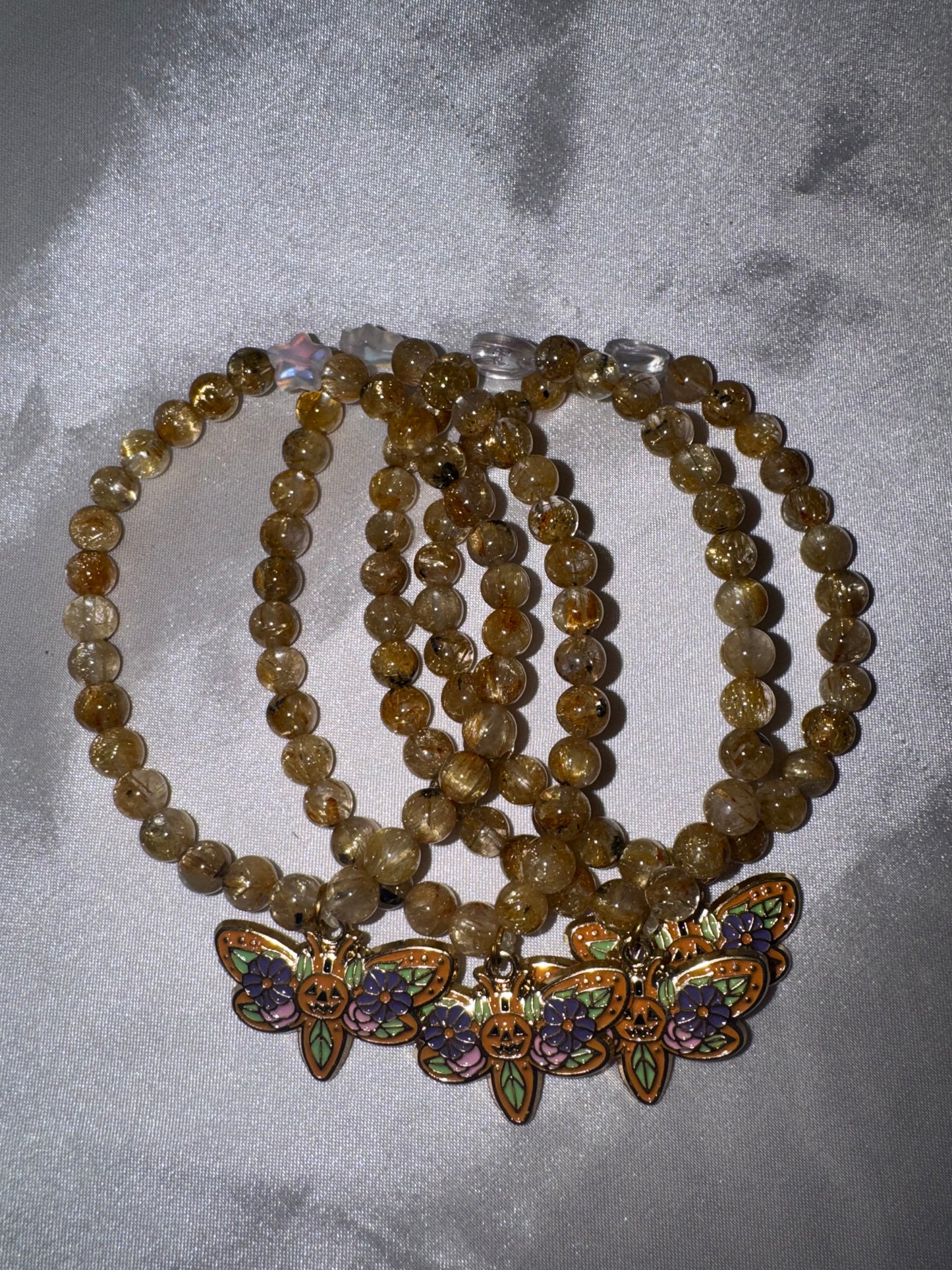 Gold Rutile Quartz AAA 6mm Bracelet with Pumpkin Moth