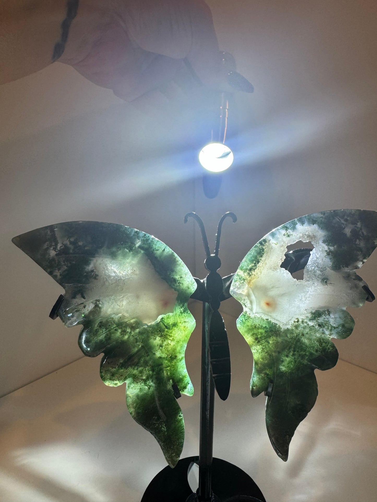 Moss Agate Large Butterfly on Stand