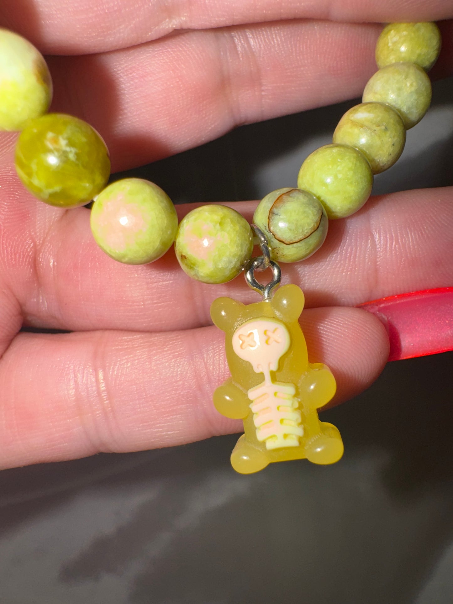 Green Opal 8mm Bracelet with Glow-In-Dark Skeleton Gummy Bear Charm