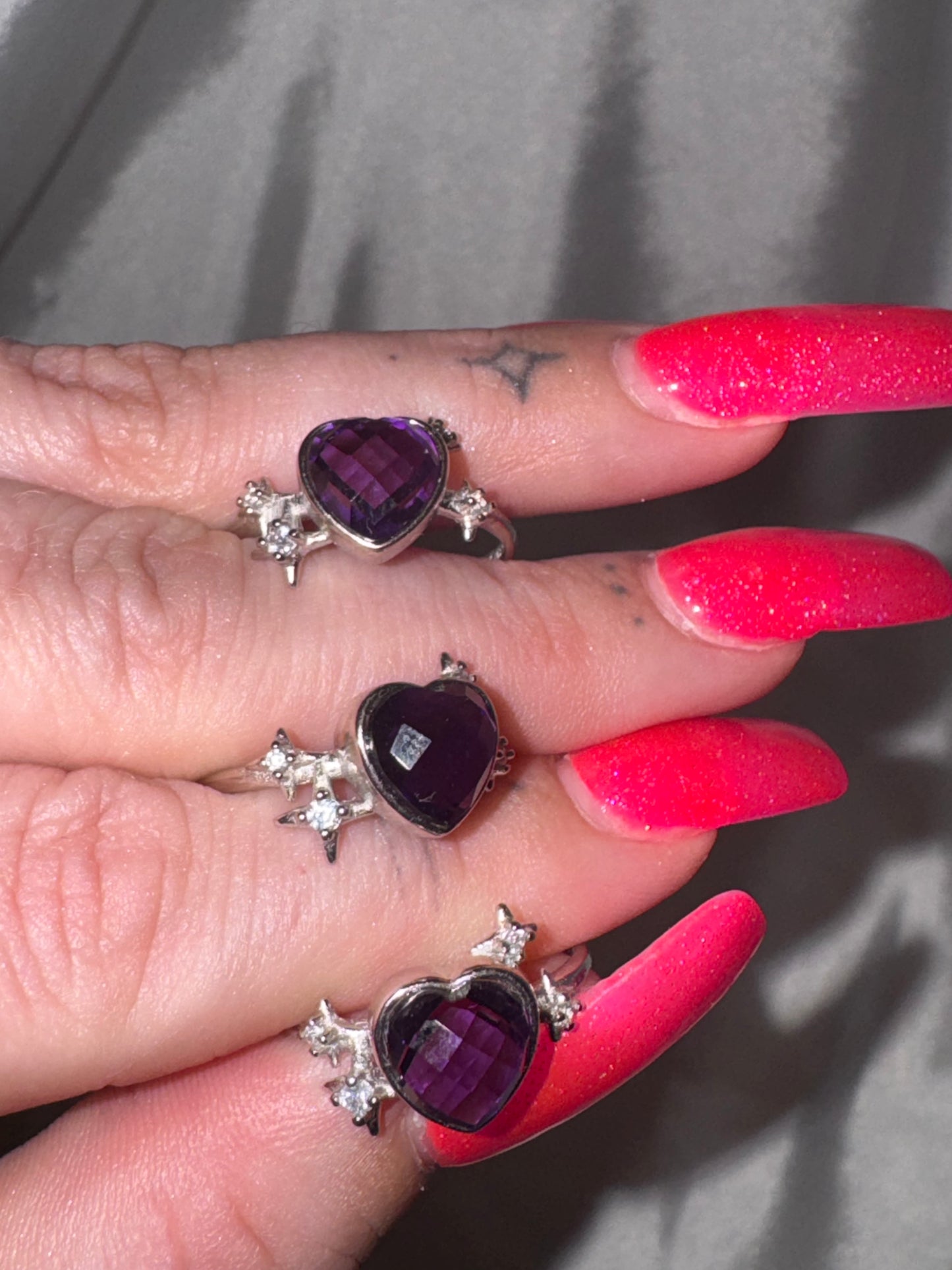 Amethyst AAA Faceted Heart 925 Adjustable Ring