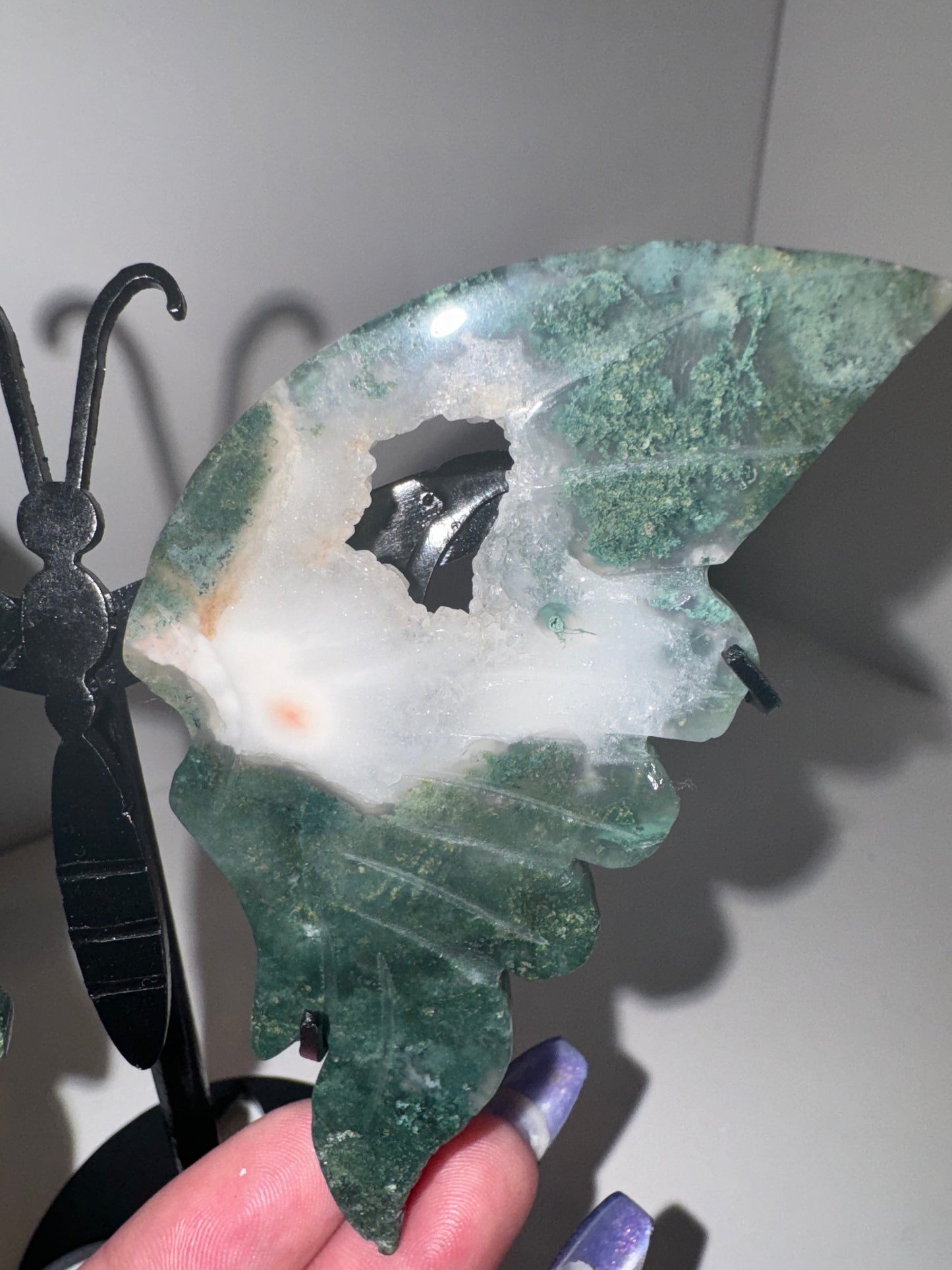 Moss Agate Large Butterfly on Stand