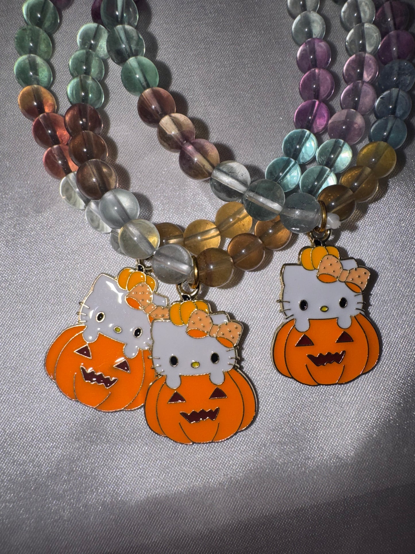 Fluorite Multicolored AAA 6mm Bracelet with Hello Kitty Halloween Charm