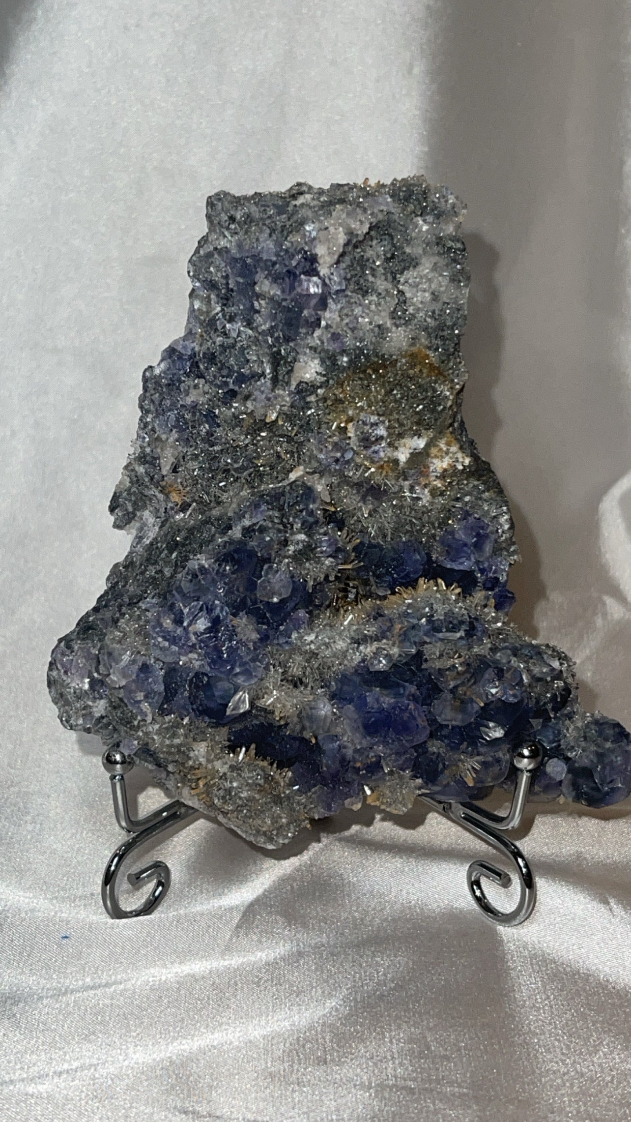 Fujian Indigo Fluorite with Needle Quartz Large Specimen with stand