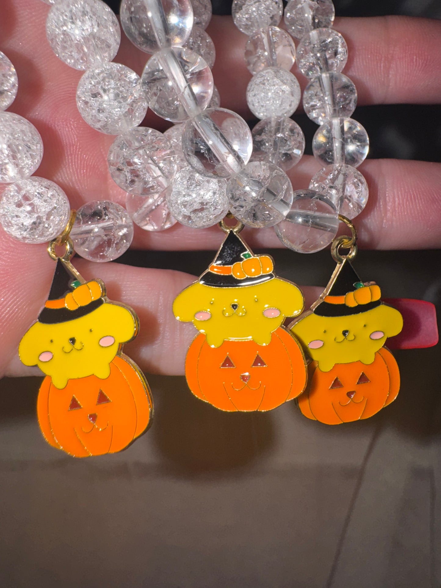 Fire & Ice Quartz 8mm Bracelet with Pompompurin Pumpkin Charm