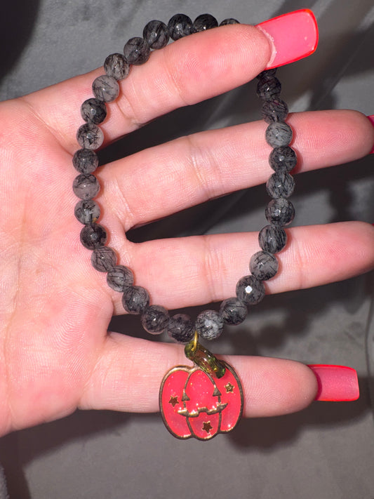 Black Rutilated Quartz 6mm Faceted Bracelet with Pumpkin Charm (last one!)