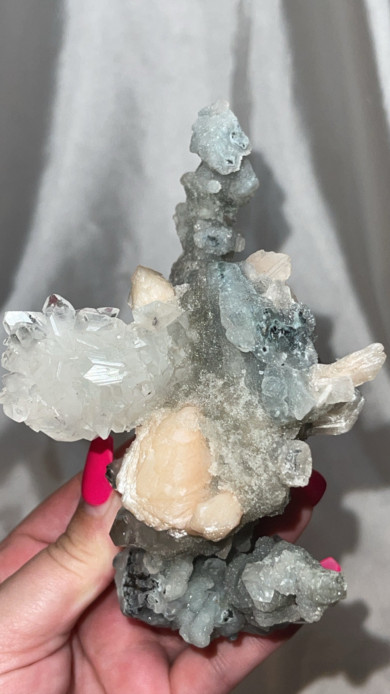 RARE Blueish Black Druzy Chalcedony Large Stalachtite cluster with Stilbite Flower and Apophyllite Plate