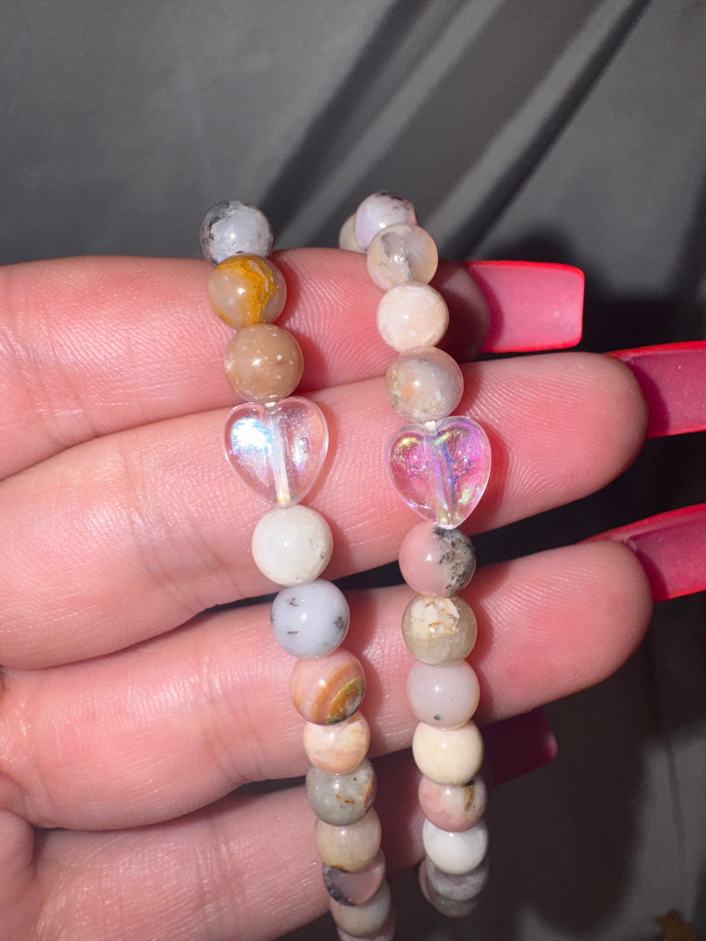 Pink Opal 6mm Bracelet with Crystal Moon Charm