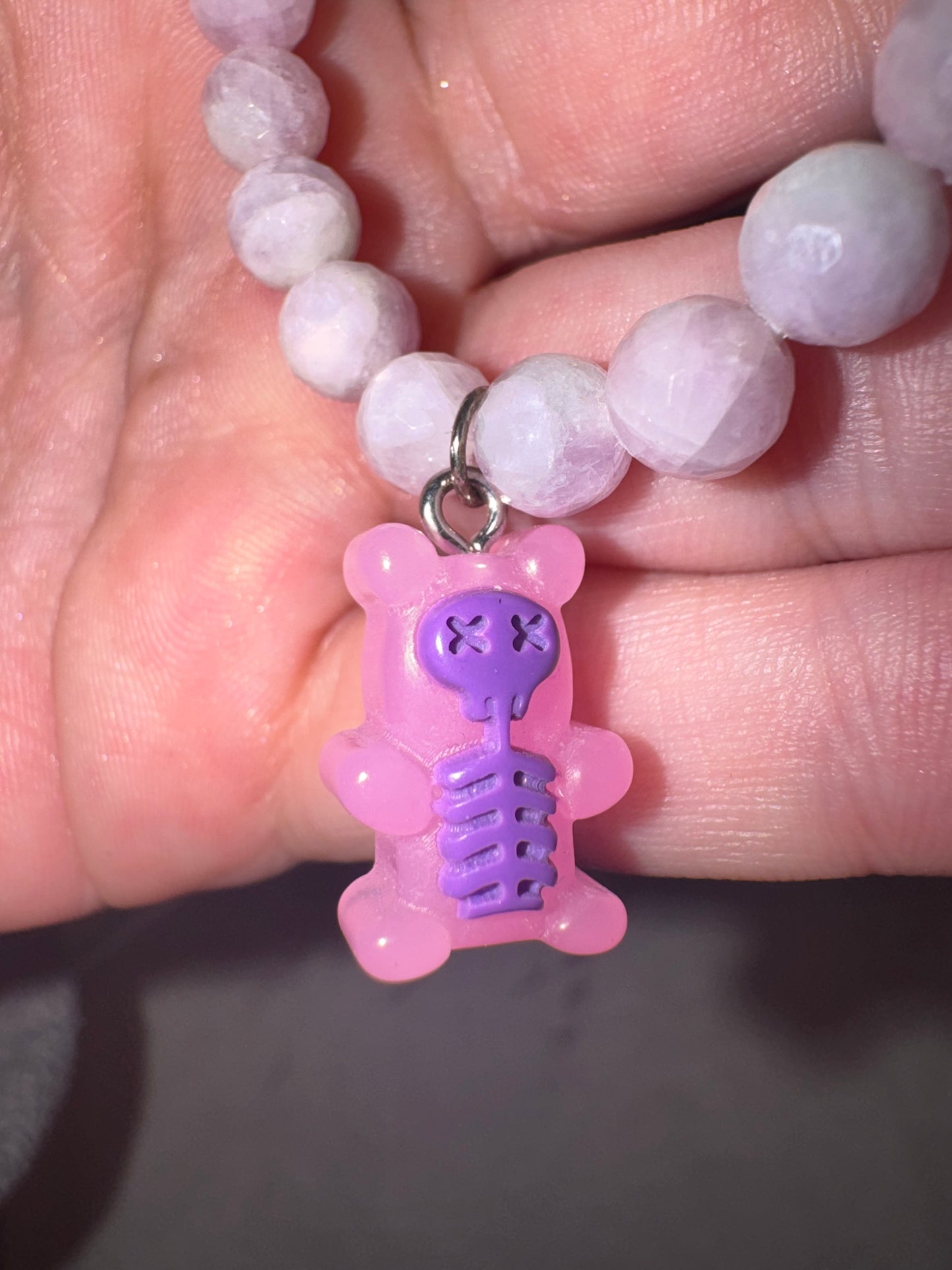 Kunzite 6mm Faceted Bracelet with Glow-In-Dark Skeleton Gummy Bear Charm (last one!)