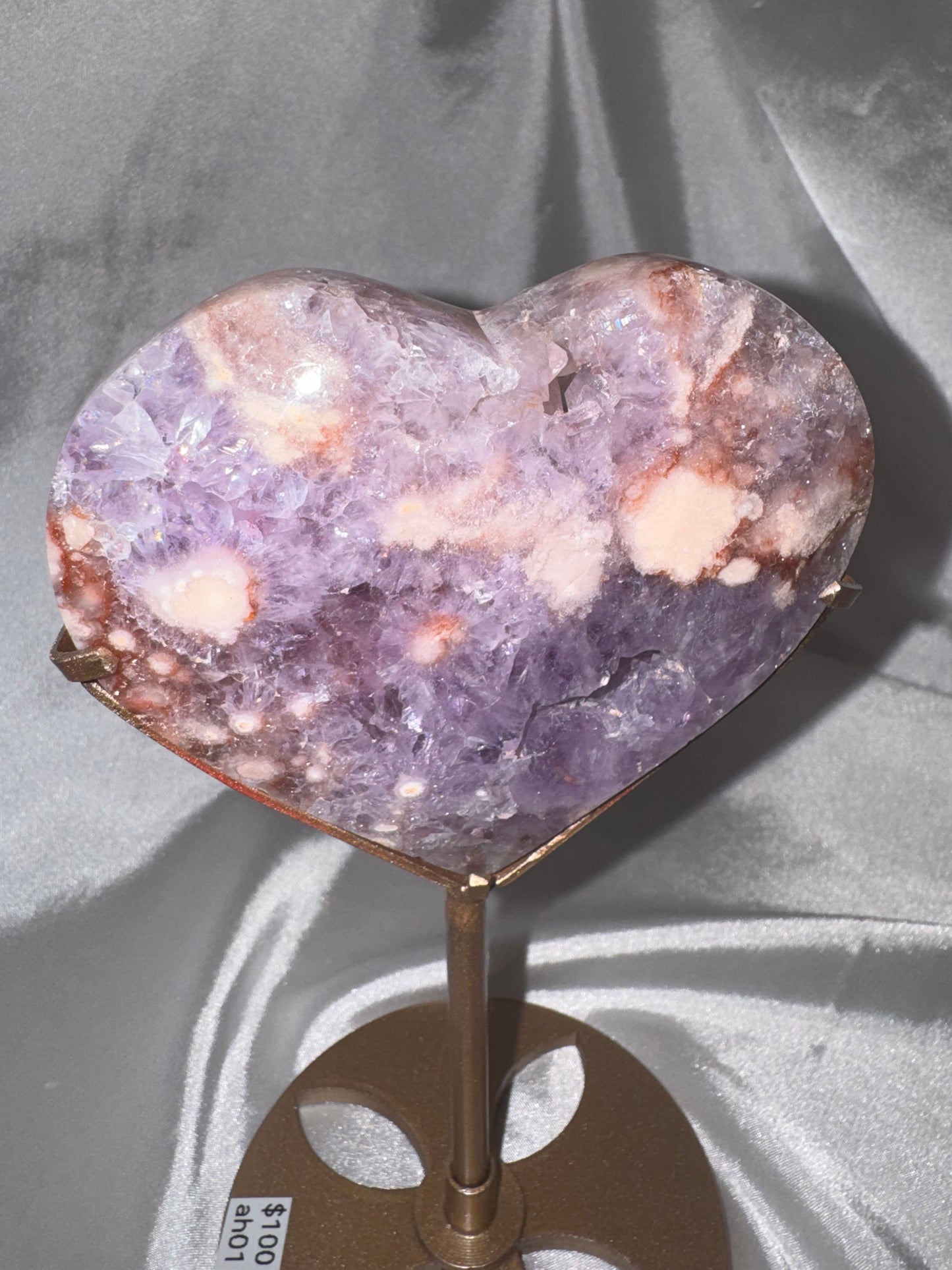 Amethyst Flower Agate AAA XL Heart on stand
