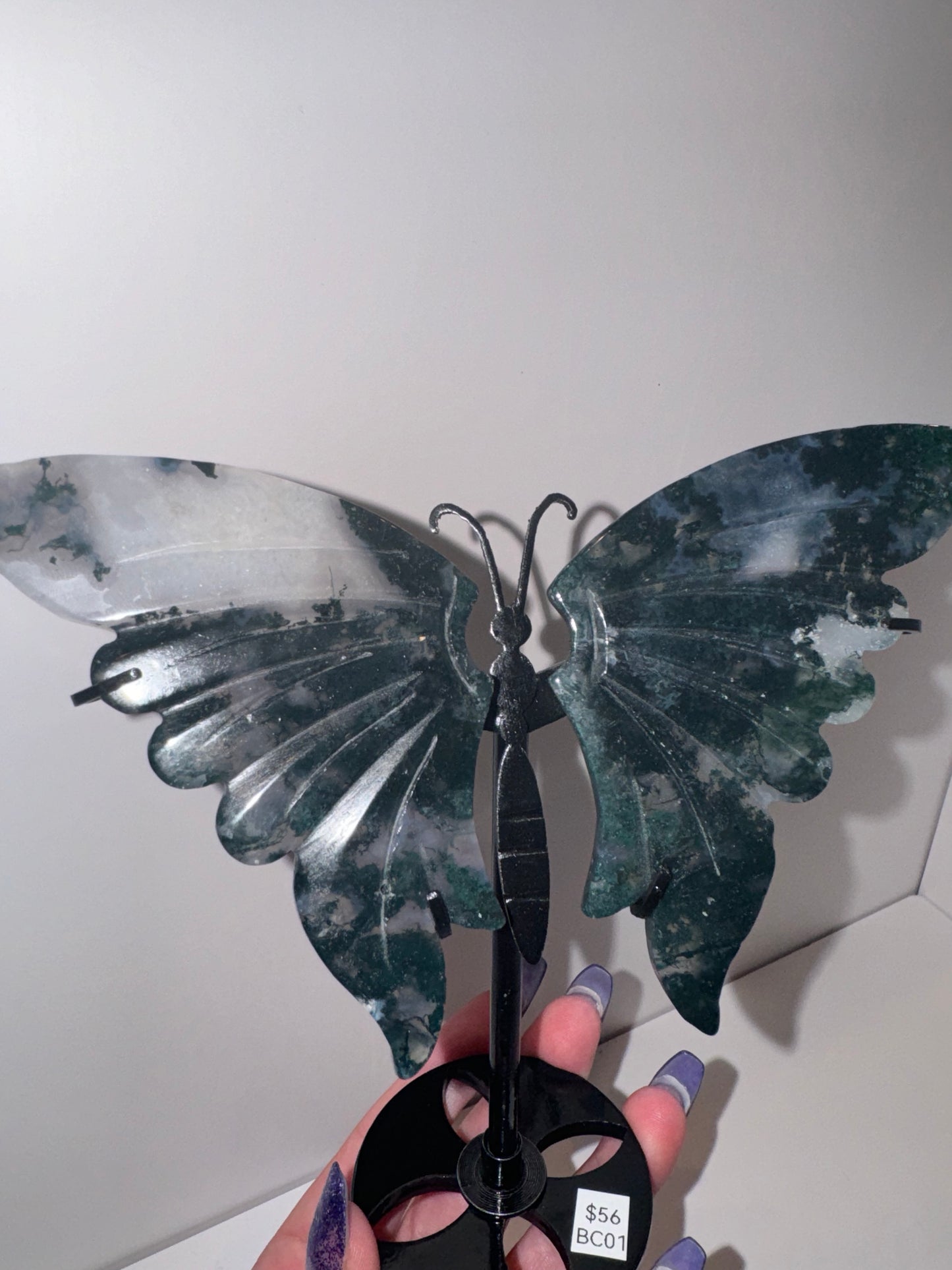 Moss Agate Large Butterfly on Stand