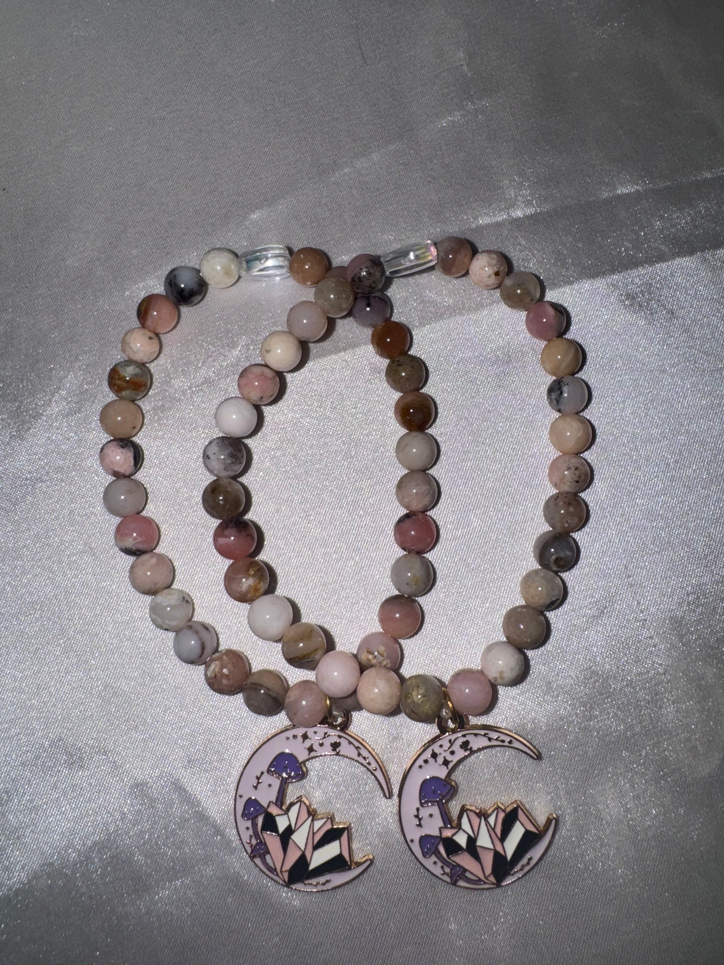 Pink Opal 6mm Bracelet with Crystal Moon Charm
