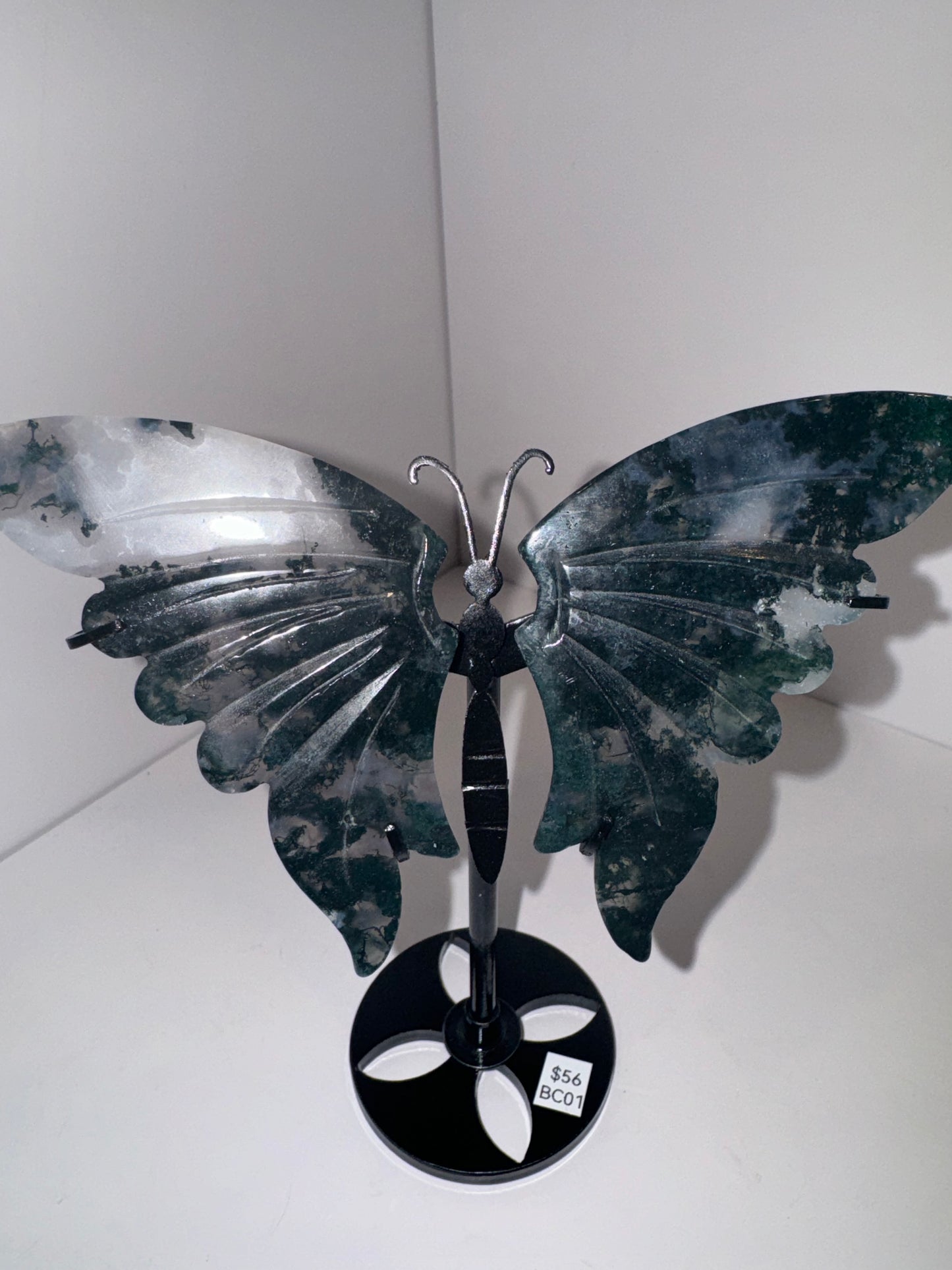 Moss Agate Large Butterfly on Stand